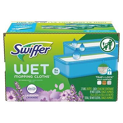 Swiffer Wet Mopping Cloths  
2x 19ct  
Fébreze Lavender  
2 Tubs Boites Each Chacune Contenant 19 Wet Cloths Linges Humides  
Trap + Lock Multi-Surface  
Total: 38 Wet Cloths Linges Humides  
25.4 x 23.5 cm (10.0 x 9.0 in)