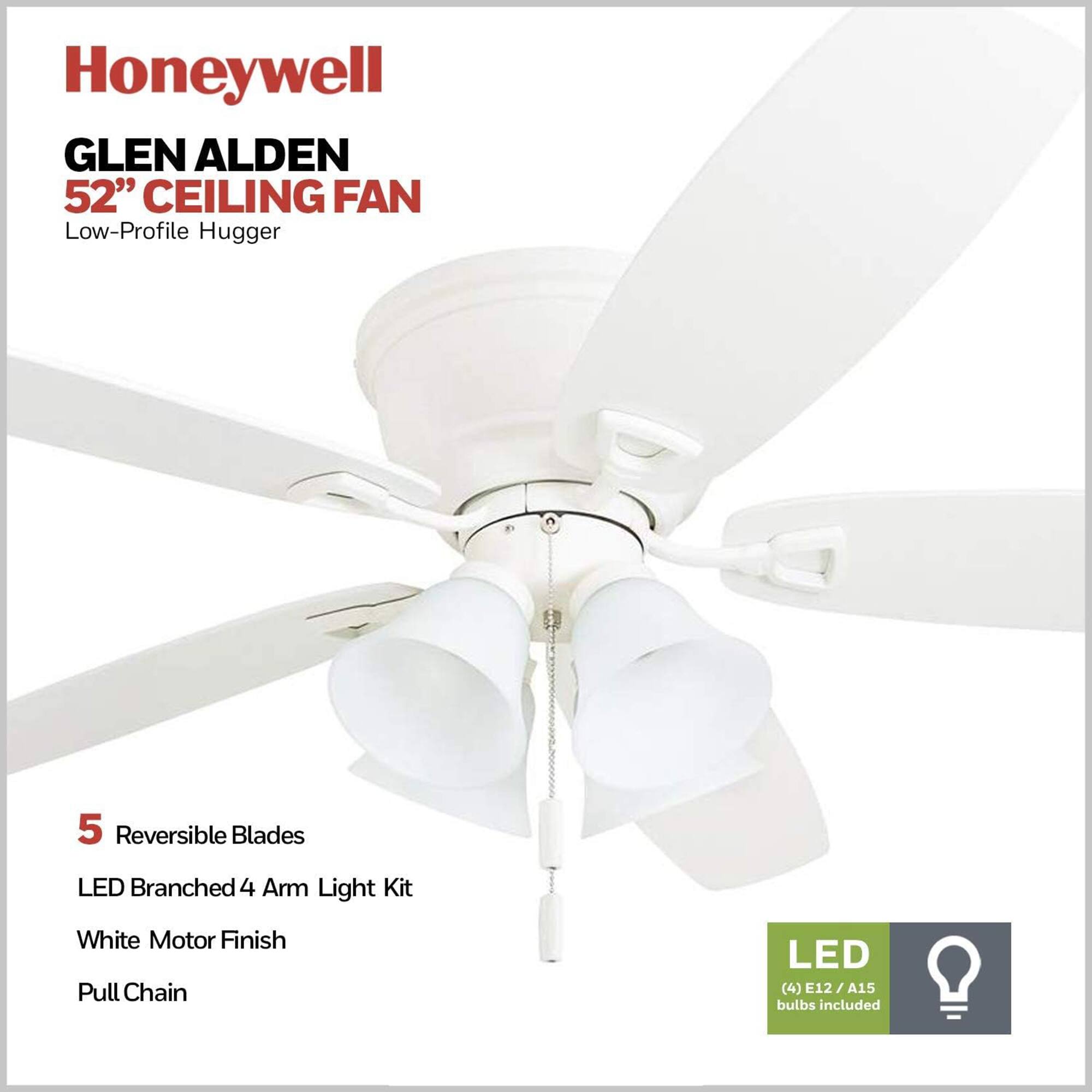 Honeywell GLEN ALDEN 52" CEILING FAN Low-Profile Hugger 5 Reversible Blades LED Branched 4 Arm Light Kit White Motor Finish Pull Chain LED (4) E12/A15 A15 bulbs included