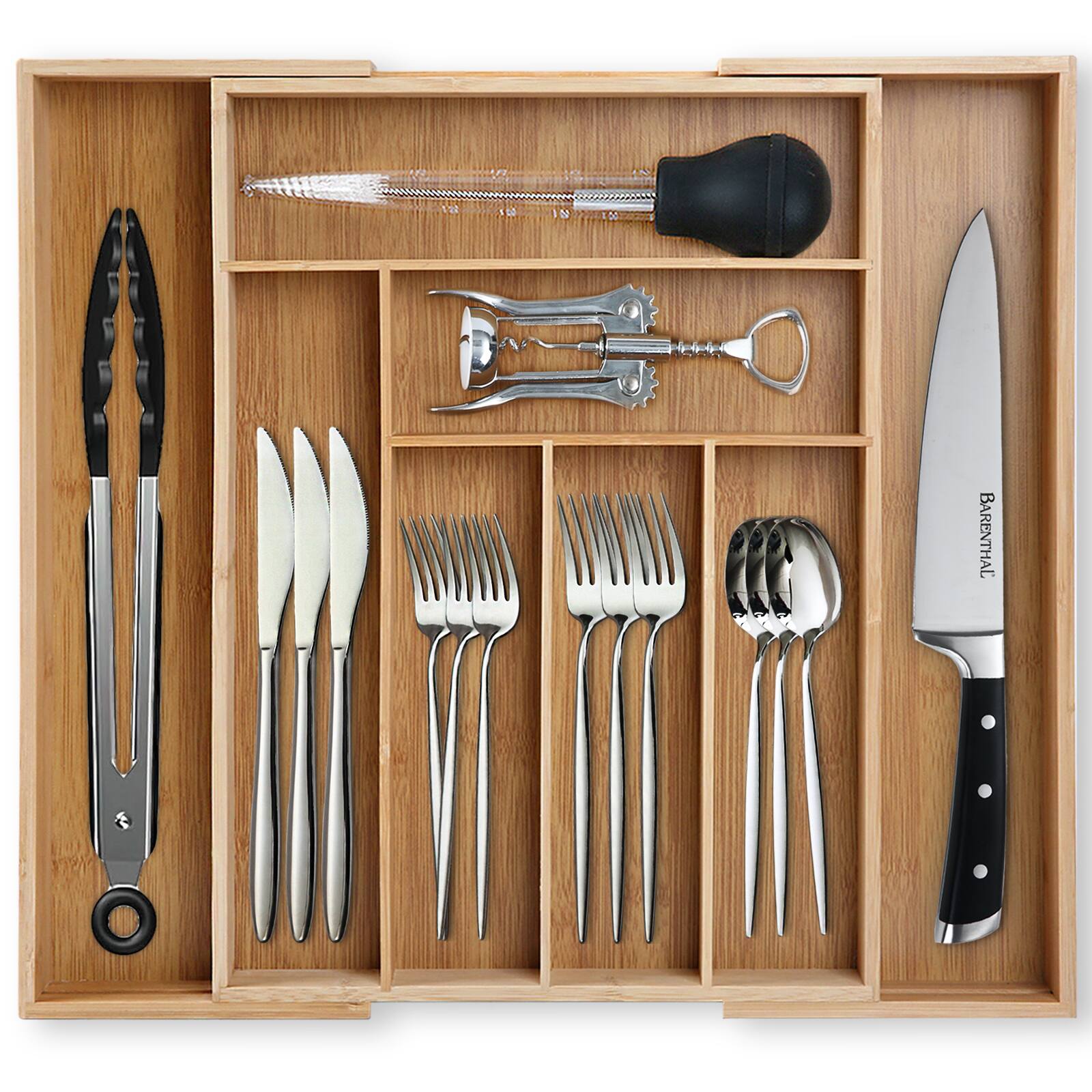Angle. KITCHENTREND - KITCHENTREND Drawer Organizer Bamboo Expandable Silverware Drawer Organizer for Utensils Holder Adjustable Cutlery Tray - Bamboo color.