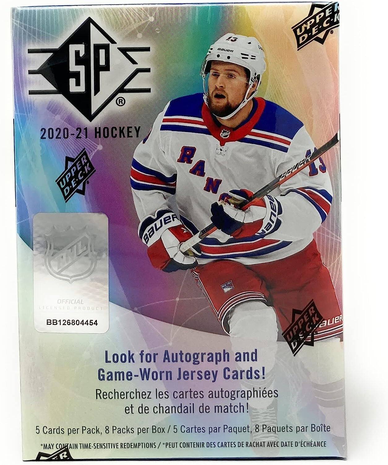 2020-21 HOCKEY  
UPPER DECK  
OFFICIAL LICENSED PRODUCT  
BB126804454  

Look for Autograph and Game-Worn Jersey Cards!  
Recherchez les cartes autographiées et de chandail de match!  

5 Cards per Pack, 8 Packs per Box / 5 Cartes par Paquet, 8 Paquets par Boîte  
*MAY CONTAIN TIME-SENSITIVE REDEMPTIONS / *PEUT CONTENIR DES CARTES DE RACHAT AVEC DATE D'ÉCHEANCE