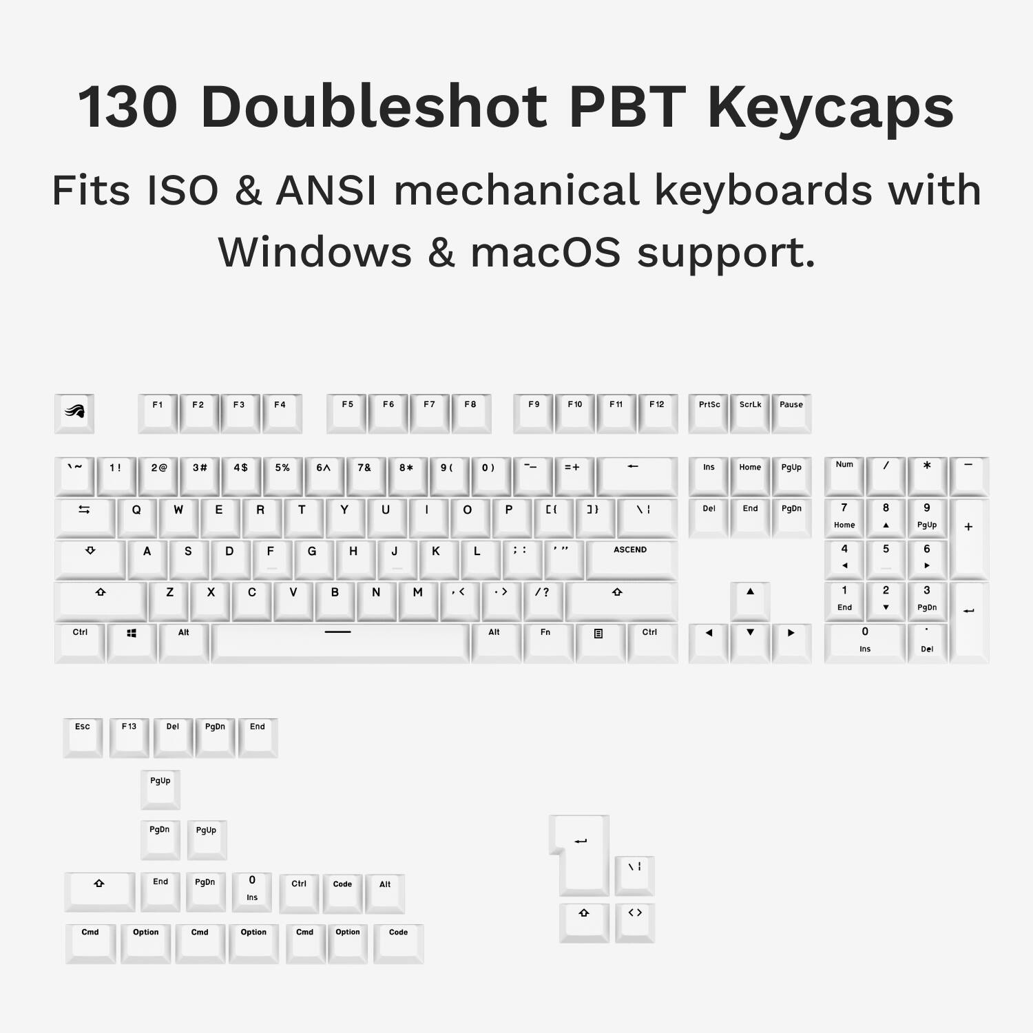 130 Doubleshot PBT Keycaps Fits ISO & ANSI mechanical keyboards with Windows & macOS support. F1 F2 F3 F4 FB F6 F7 FB FS . F1 N PrISe SOrLA Pause - 11 20 3= 45 5% B.A 78 .e 94 D I .. - ans Home nup Nm , . If Q W E R T Y U  o P C 31  Del Ena Pbo 7 namme B a 5 re + A S D F G H   L - ASCIND 4 5 6  o Z x  V  N M  , /? 1 End 2 . 3 de CH 1 AR All Fn a C D ma .. Esc FO Del Dn Ena Pylp Pgup End De D B cl Code  Cna psian C Oprtion  Dption coM
