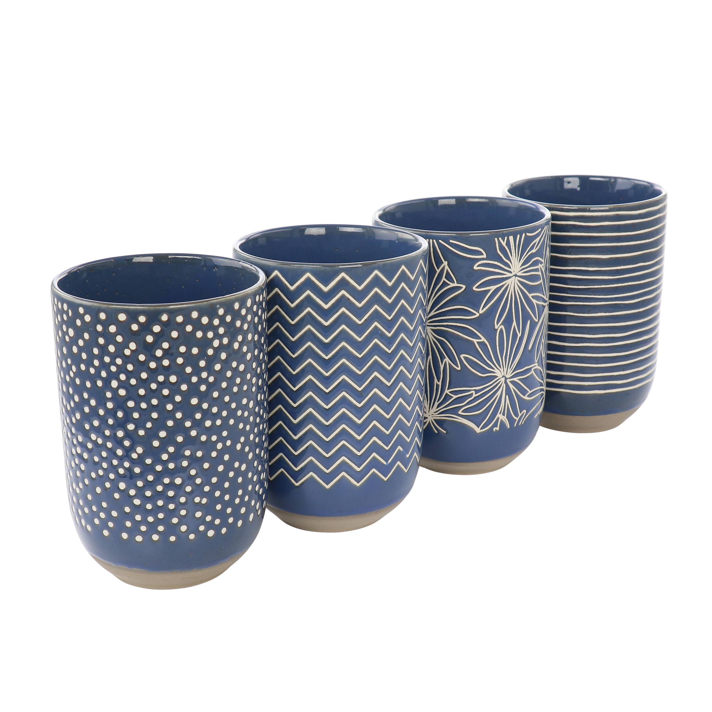 Front. Gibson - Laurie Gates Madrina 4 Piece 19 Ounce Stoneware Assorted Designs Mug Set in Blue - Blue.