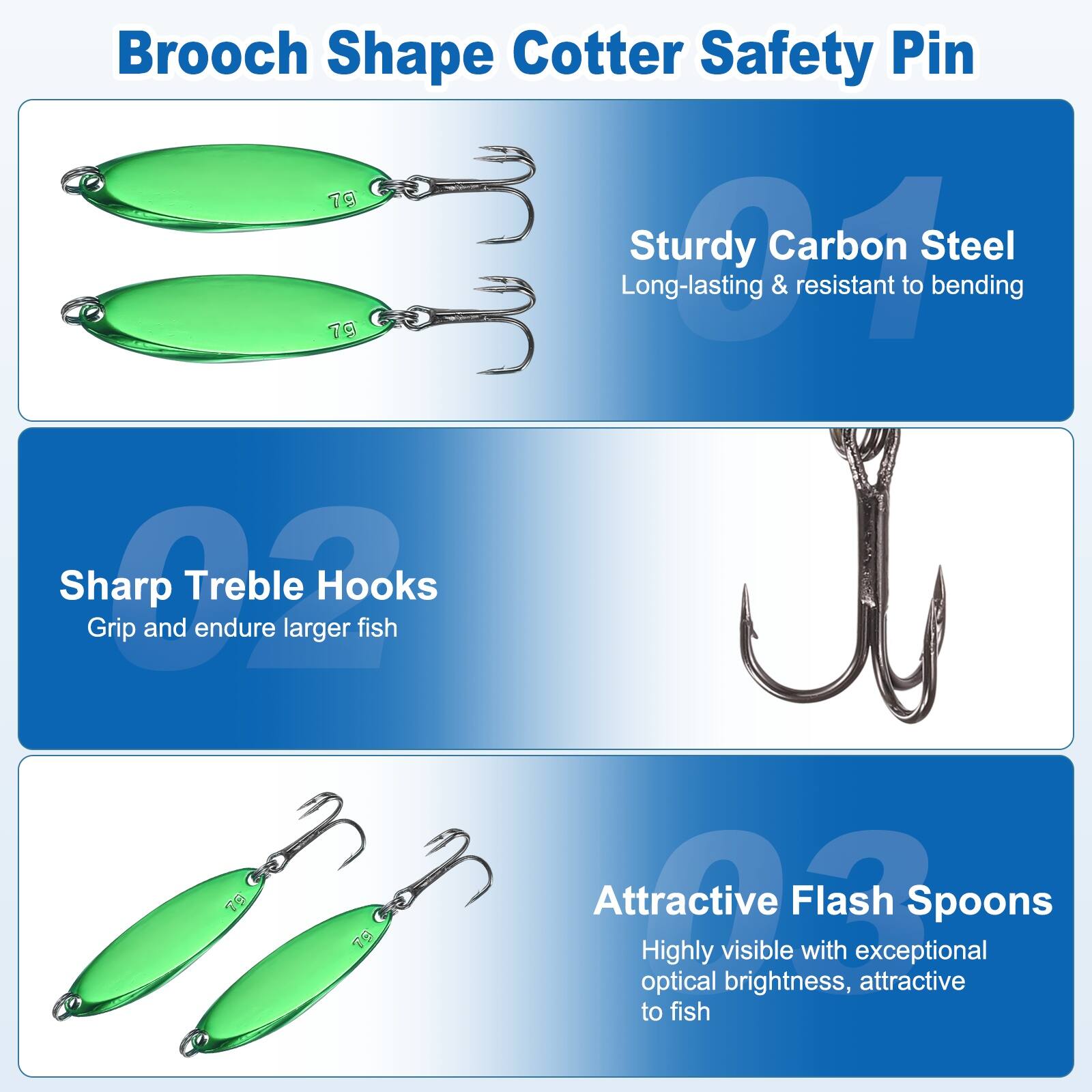 Brooch Shape Cotter Safety Pin T9

Sturdy Carbon Steel
Long-lasting & resistant to bending

Sharp Treble Hooks
Grip and endure larger fish

Attractive Flash Spoons
Highly visible with exceptional optical brightness, attractive to fish
