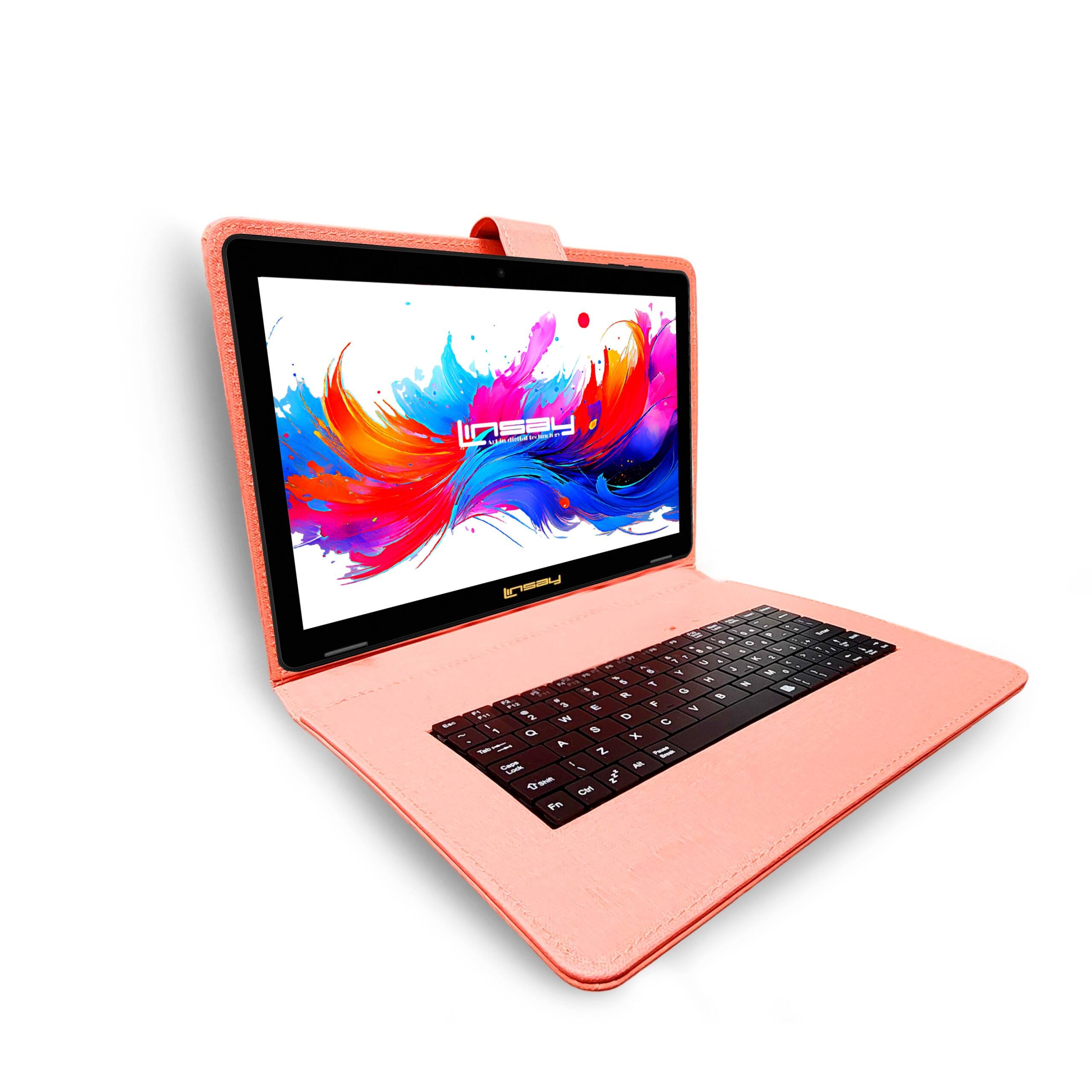 Angle. LINSAY - 10.1" Octa Core 256GB Storage Android 15 with Designer Cloth Keyboard Case and Stylish Backpack and Pen Stylus - Peach.