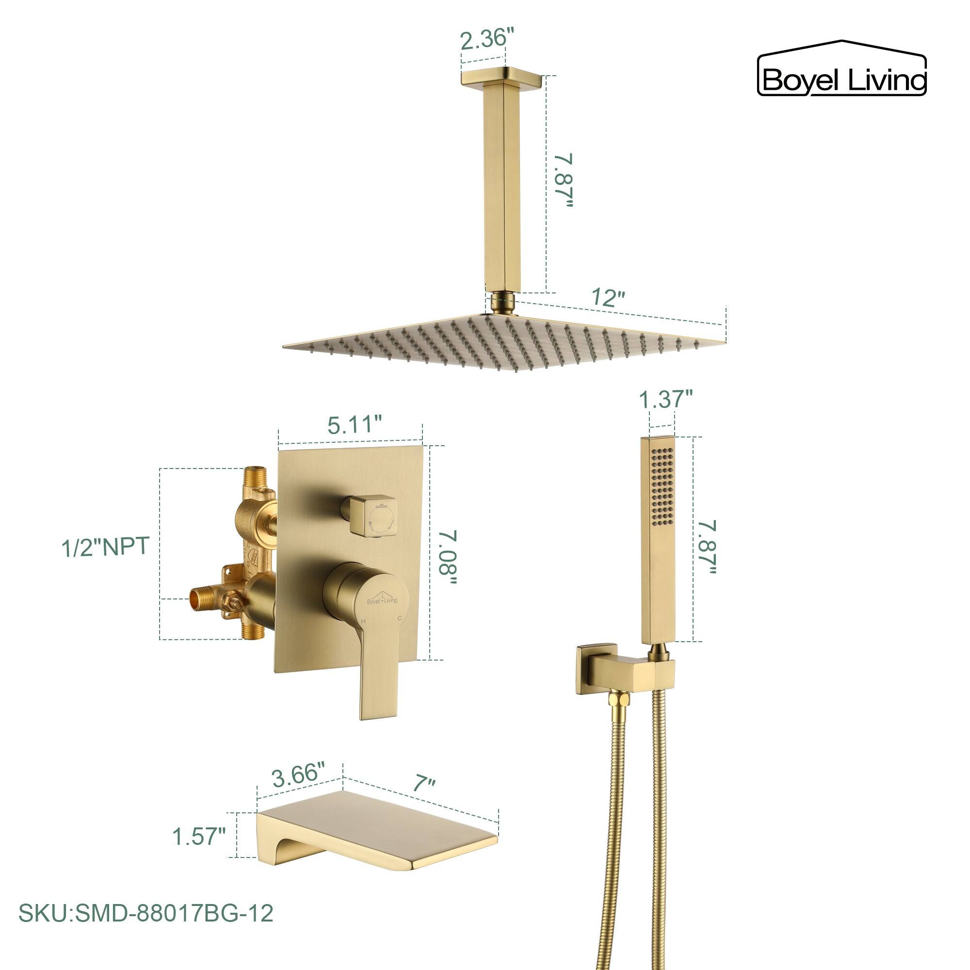 Boyel Living, SKU: SMD-88017BG-12, 1/2"NPT, 2.36", 5.11", 7.08", 1.37", 12", 7.87", 3.66", 7", 1.57"