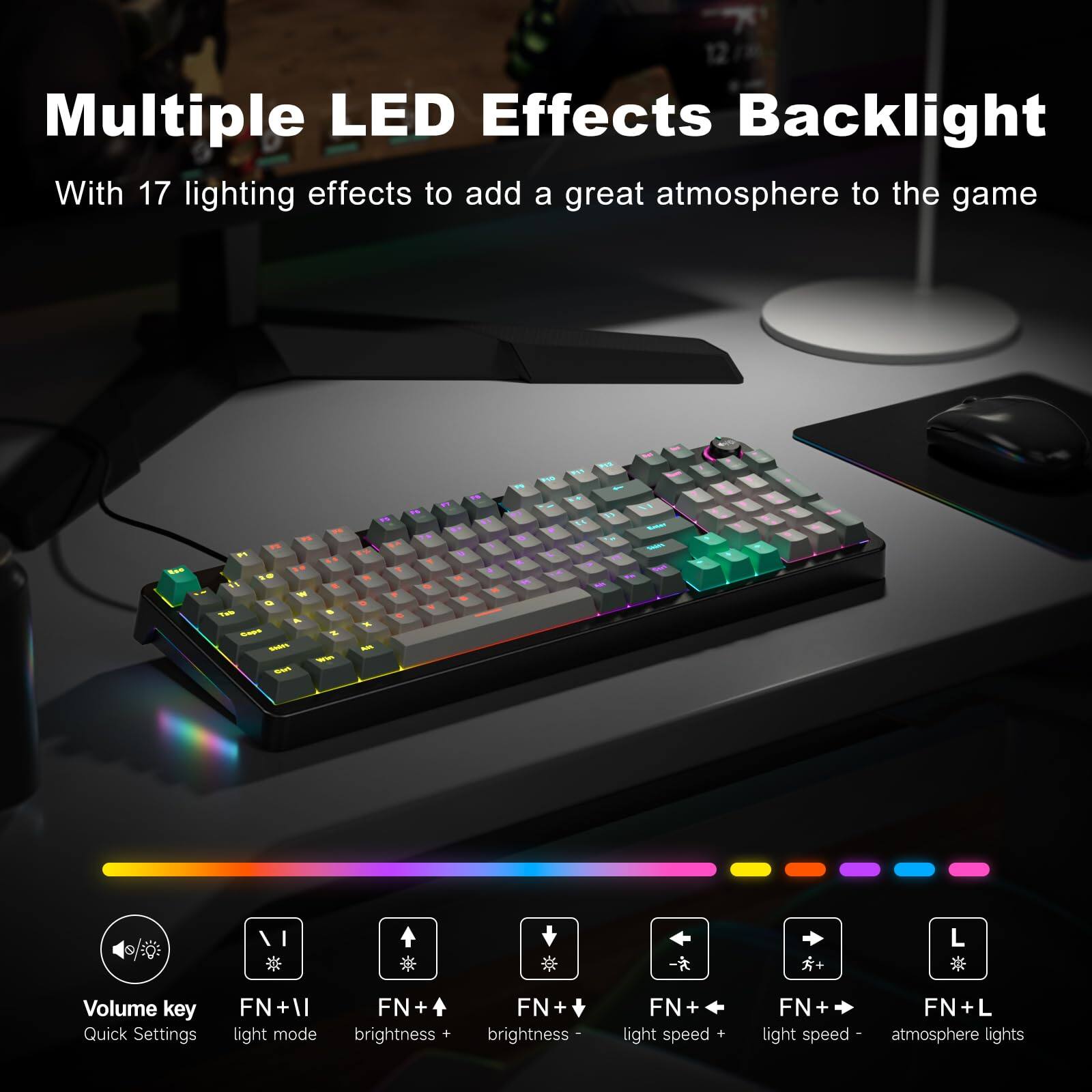 Multiple LED Effects Backlight  
With 17 lighting effects to add a great atmosphere to the game  

- Volume key: Quick Settings  
- FN + II: light mode  
- FN + ↑: brightness +  
- FN + ↓: brightness -  
- FN + ←: light speed -  
- FN + →: light speed +  
- FN + L: atmosphere lights