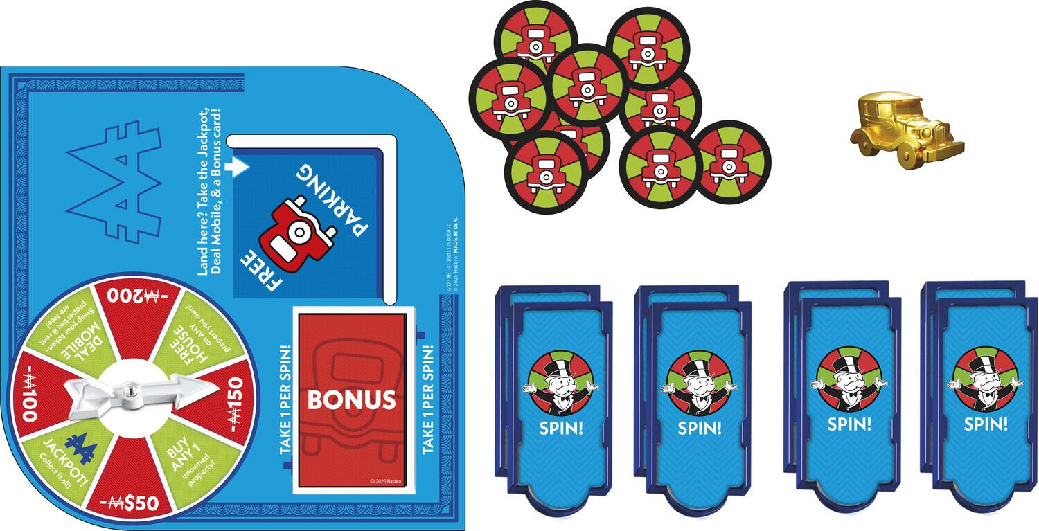Sure, here is the corrected and grouped text from the image:

---

**Jackpot, card!**  
Land here to take the Bonus M!  
Take here?  
Mobile, & a PARKING Deal FREE  
200 properties are dem5 UMO free!  
your you rent Be ANY token- DEAL FREE uo propert SPIN!  
SPIN!  
AA100 -A150 PER BONUS PER 1 1 BUY 1 TAKE TAKE Collectit JACKPOT!  
ANY it all! property!  
200% Masdiro $50 USA.  
e 11500001 MAUE 412001 Hastra G07180 02025  
SPIN!  
SPIN!  
SPIN!  
SPIN!

---

**Game Board:**

- **Land here to take the Bonus M!**
- **Take here?**
- **Mobile, & a PARKING Deal FREE**
- **200 properties are dem5 UMO free!**
- **your you rent Be ANY token- DEAL FREE uo propert SPIN!**
- **SPIN!**
- **AA100 -A150 PER BONUS PER 1 1 BUY 1 TAKE TAKE Collectit JACKPOT!**
- **ANY it all! property!**
- **200% Masdiro $50 USA.**
- **e 11500001 MAUE 412001 Hastra G07180 02025**
- **SPIN!**
- **SPIN!**
- **SPIN!**
- **SPIN!**

---

**Wheel:**

- **JACKPOT**
- **BUY 1 ANY PROPERTY**
- **-M$50**
- **-M$150**
- **-M$200**
- **BONUS**
- **TAKE PER SPIN**
- **TAKE PER SPIN**

---

**Bonus Card:**

- **BONUS**
- **TAKE PER SPIN**

---

**Spin Cards:**

- **SPIN!**

---

**Parking Card:**

- **PARKING**

---

**Tokens:**

- Various colored tokens with numbers and symbols.

---

**Car Token:**

- A golden car token.

---