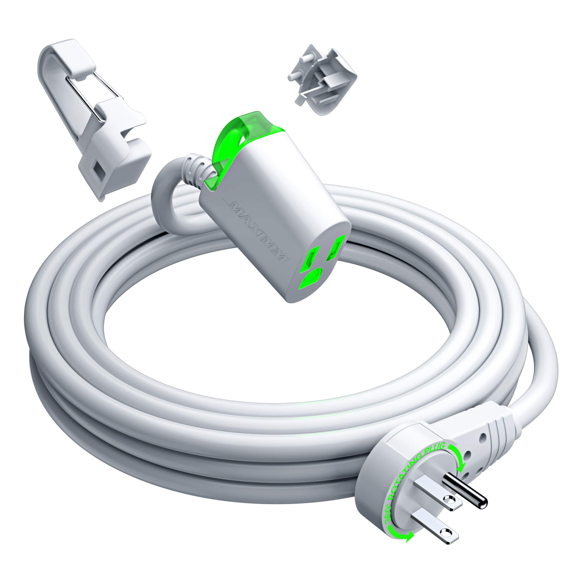 Maximm - 360° Rotating Flat Plug Extension Cord 15 ft, with LED Indicator and Removable Hook, 16 Gauge, UL Certified - White