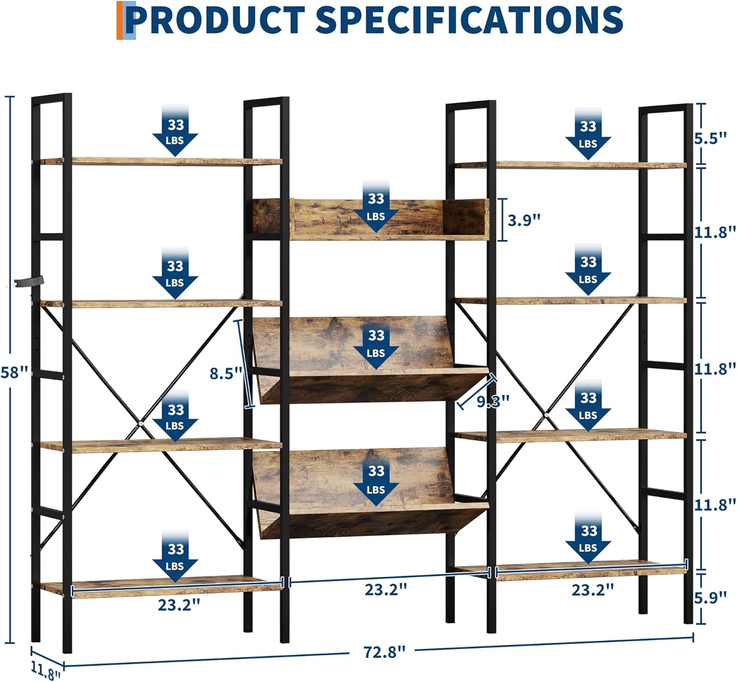 PRODUCT SPECIFICATIONS

- 33 LBS
- 33 LBS
- 5.5"
- 33 LBS
- 3.9"
- 11.8"
- 33 LBS
- 33 LBS
- 58"
- 33 LBS
- 8.5"
- 33 LBS
- 9.3"
- 33 LBS
- 11.8"
- 33 LBS
- 11.8"
- 33 LBS
- 23.2"
- 23.2"
- 33 LBS
- 23.2"
- 5.9"
- 11.8"
- 72.8"