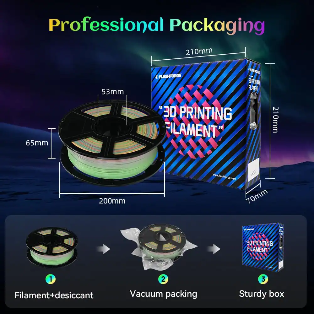 Professional Packaging

210mm x 65mm x 53mm

AGPRGE FLASHFORGE F FFOITE FL HET "3D PRINTING FILAMENT 210mm 200mm www.flaghfprge.com 70mm 30 PRINTING FILAMENT"

1. Filament+desiccant
2. Vacuum packing
3. Sturdy box