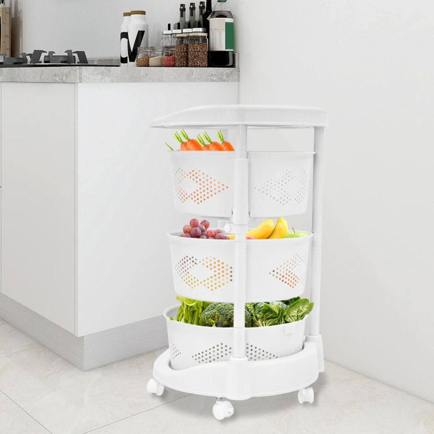 Angle. Home Collection - 3-Tier Rotating Kitchen Storage Cart – Vegetable & Fruit Basket Rack Organizer - White.