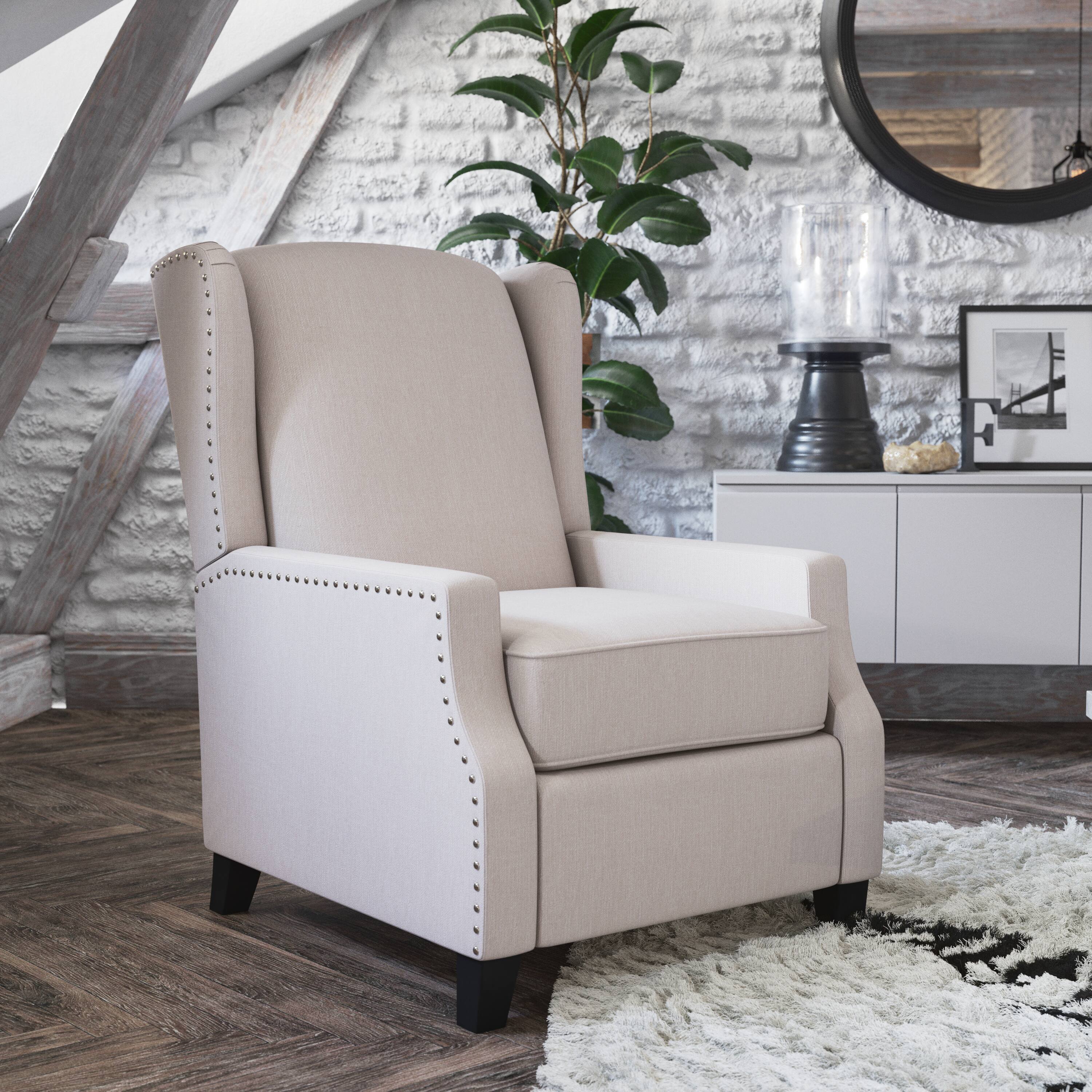 Alt View 1. Emma + Oliver - Leeds Fabric Upholstered Easy Push Back Recliner - Classic Wingback Design with Nailhead Accent Trim and Footrest - Cream.