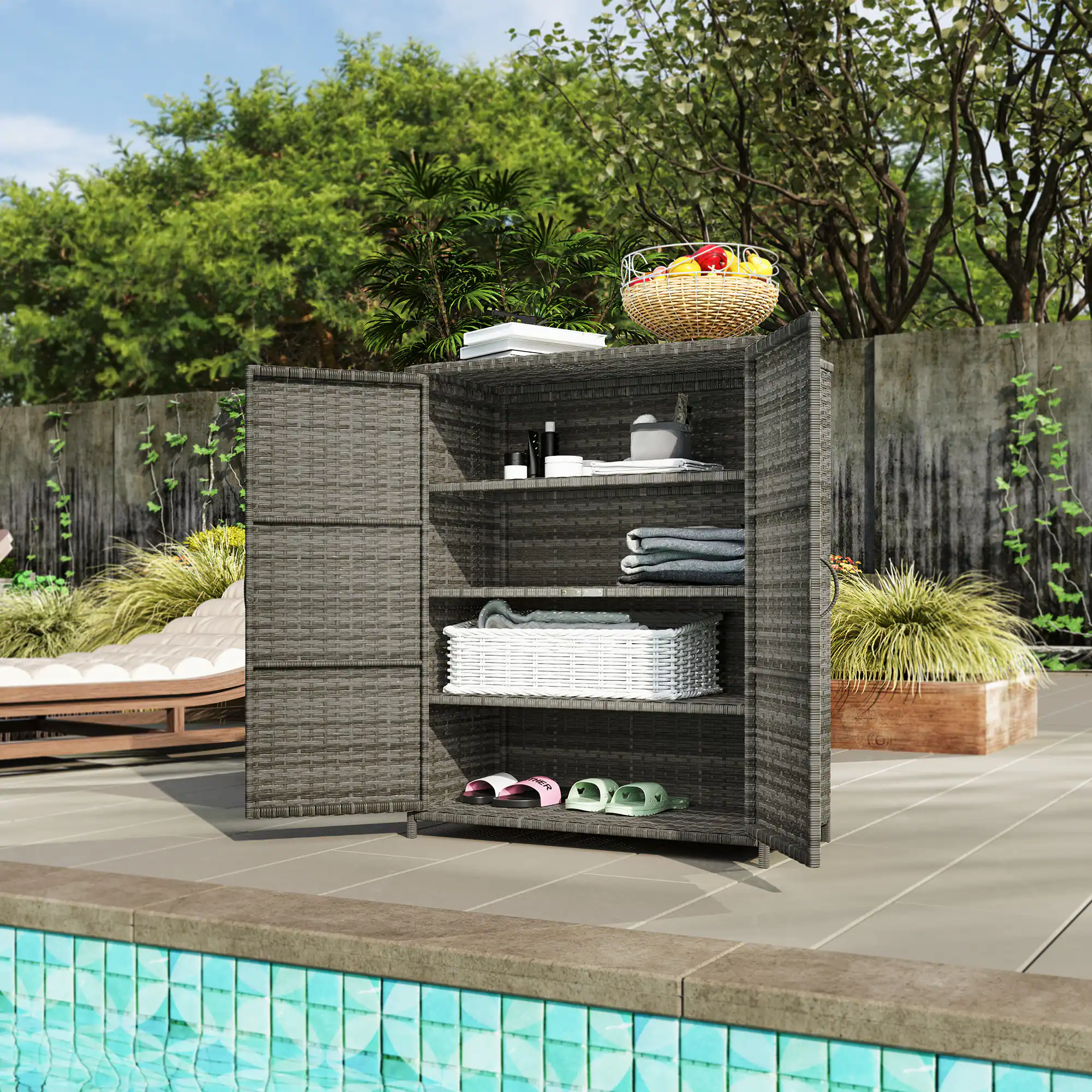 Alt View 8. Outsunny - Wicker Outdoor Storage Cabinet with Shelves, 4-Shelf Outdoor Pool Towel Cabinet with Two Doors - Mixed Gray.