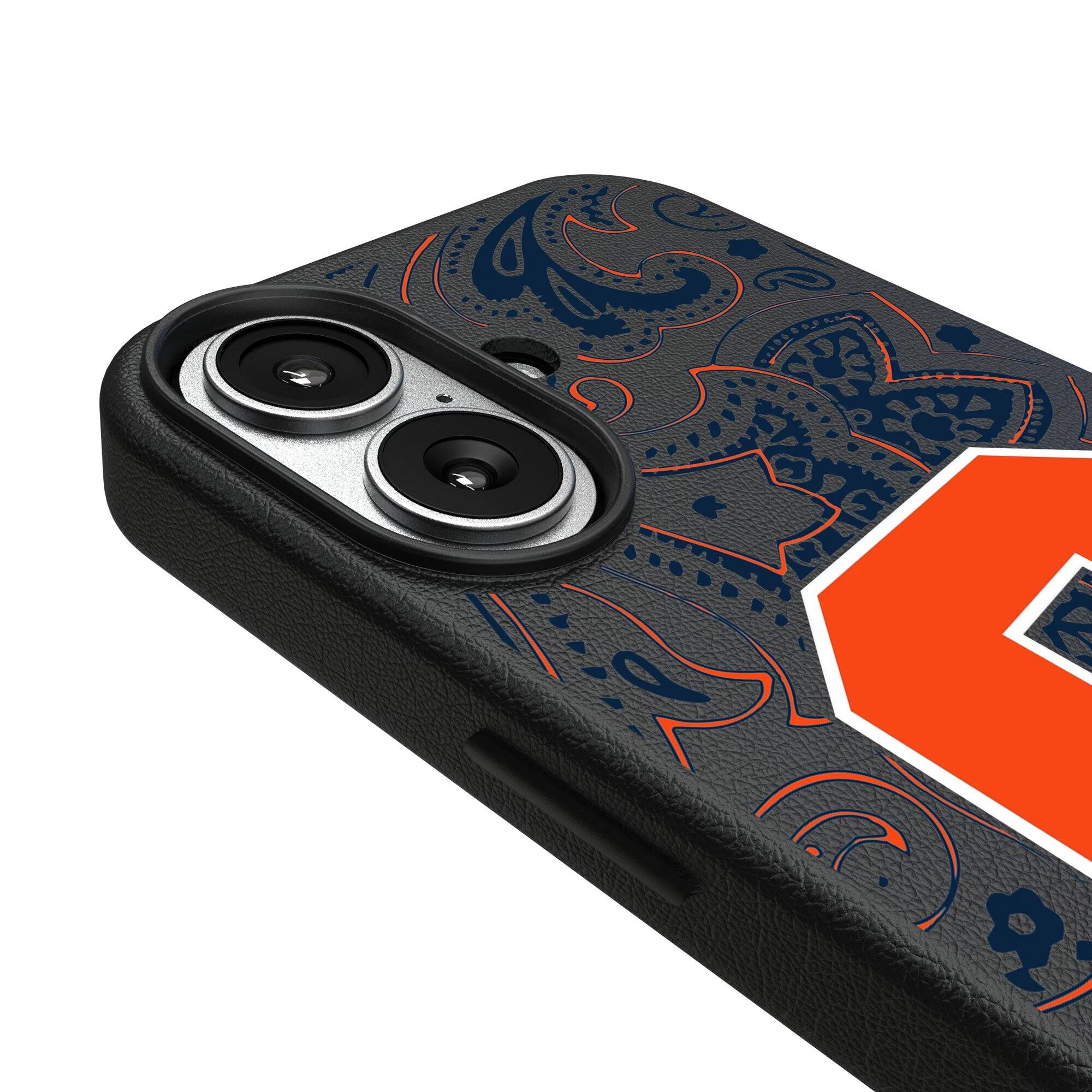 Alt View 2. Keyscaper - Syracuse Orange Paisley iPhone Magnetic Bump Case - 15 Pro - Black.