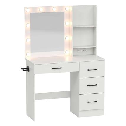 Front. Costway - Costway Makeup Vanity Desk with Mirror and Lights Charging Station 3-Color LED Lights - White.
