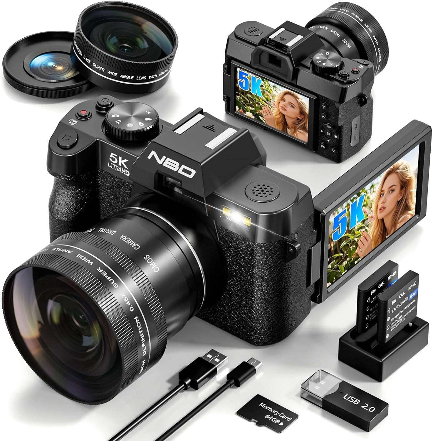 NBD - S100F 5K Digital Camera for Photography, 64MP, Autofocus, 180° Flip Screen, Wi-Fi, 32GB Card