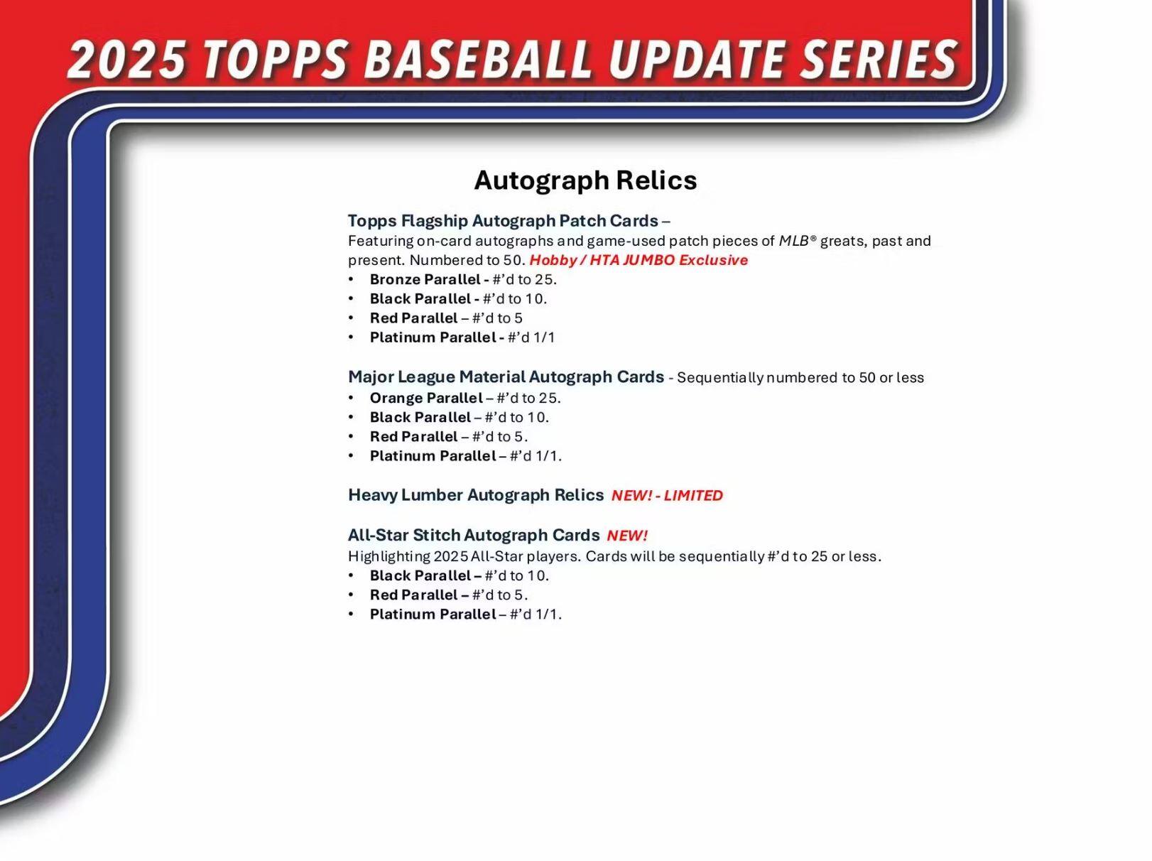 2025 TOPPS BASEBALL UPDATE SERIES

Autograph Relics

Topps Flagship Autograph Patch Cards – Featuring on-card autographs and game-used patch pieces of MLB® greats, past and present. Numbered to 50. Hobby / HTA JUMBO Exclusive Bronze Parallel – #’d to 25. Black Parallel – #’d to 10. Red Parallel – #’d to 5. Platinum Parallel – #’d 1/1.

Major League Material Autograph Cards – Sequentially numbered to 50 or less. Orange Parallel – #’d to 25. Black Parallel – #’d to 10. Red Parallel – #’d to 5. Platinum Parallel – #’d 1/1.

Heavy Lumber Autograph Relics NEW! – LIMITED

All-Star Stitch Autograph Cards NEW! Highlighting 2025 All-Star players. Cards will be sequentially #’d to 25 or less. Black Parallel – #’d to 10. Red Parallel – #’d to 5. Platinum Parallel – #’d 1/1.