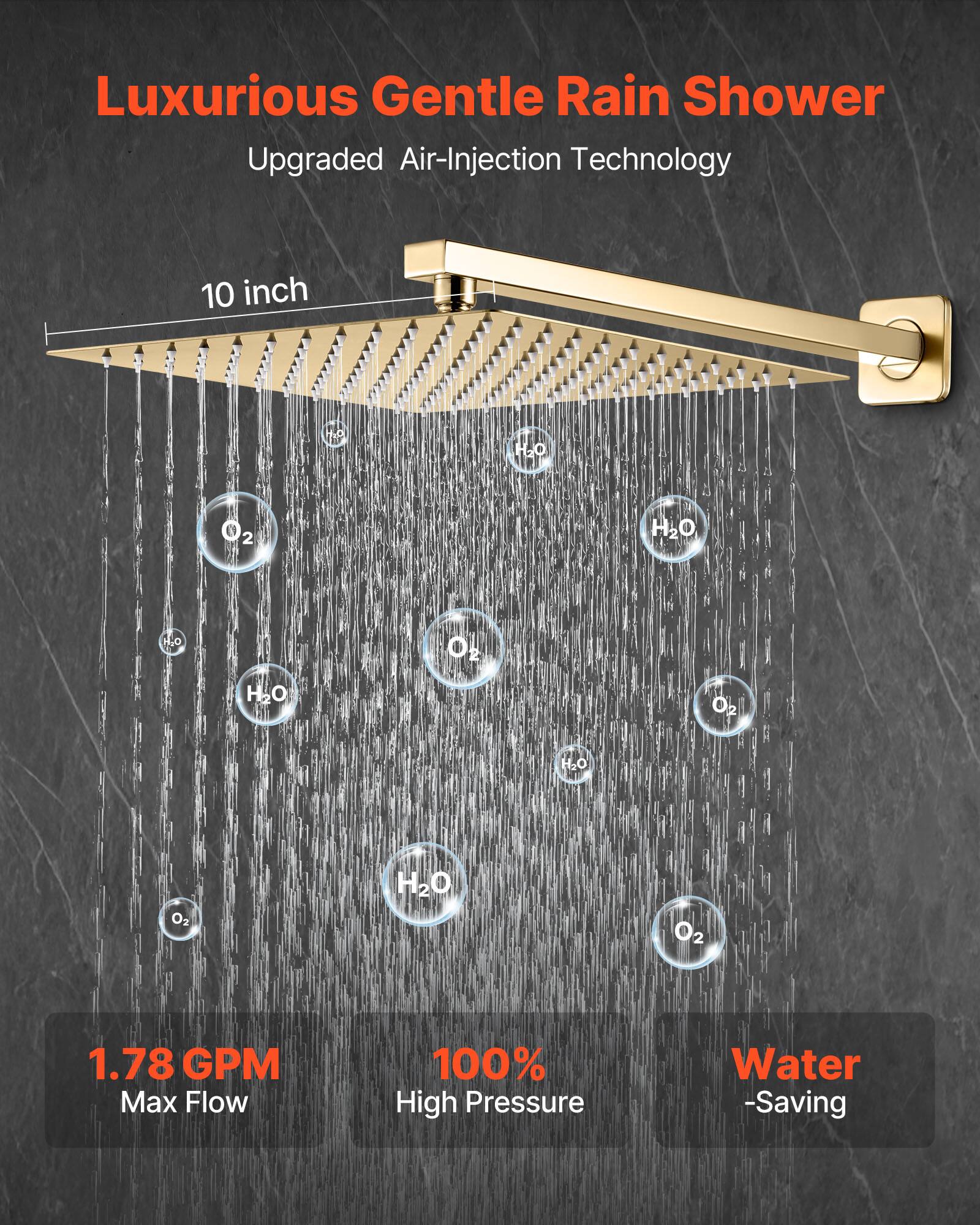 Luxurious Gentle Rain Shower  
Upgraded Air-Injection Technology  
10 inch  
1.78 GPM Max Flow  
100% High Pressure  
Water-Saving