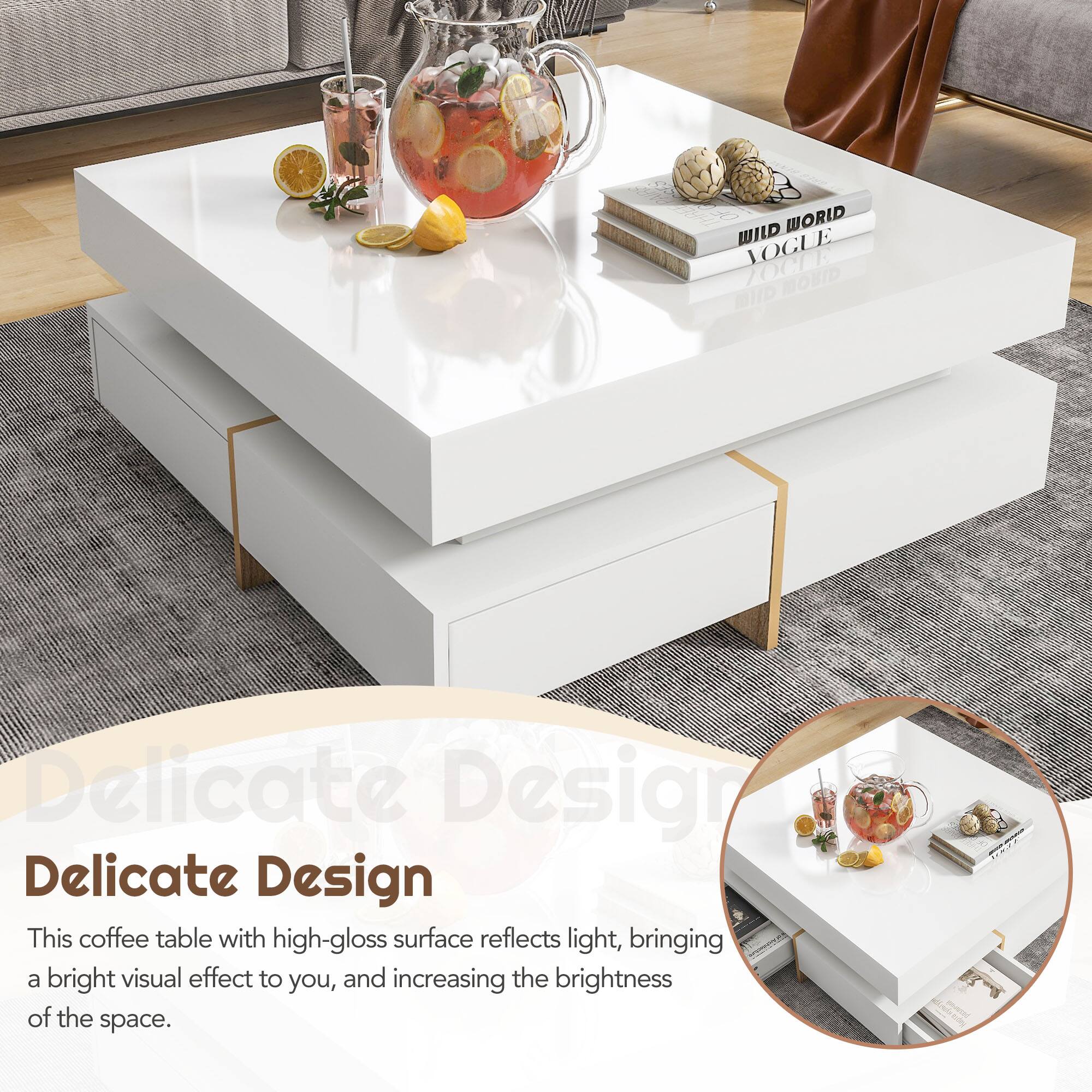 Delicate Design

This coffee table with high-gloss surface reflects light, bringing a bright visual effect to you, and increasing the brightness of the space.