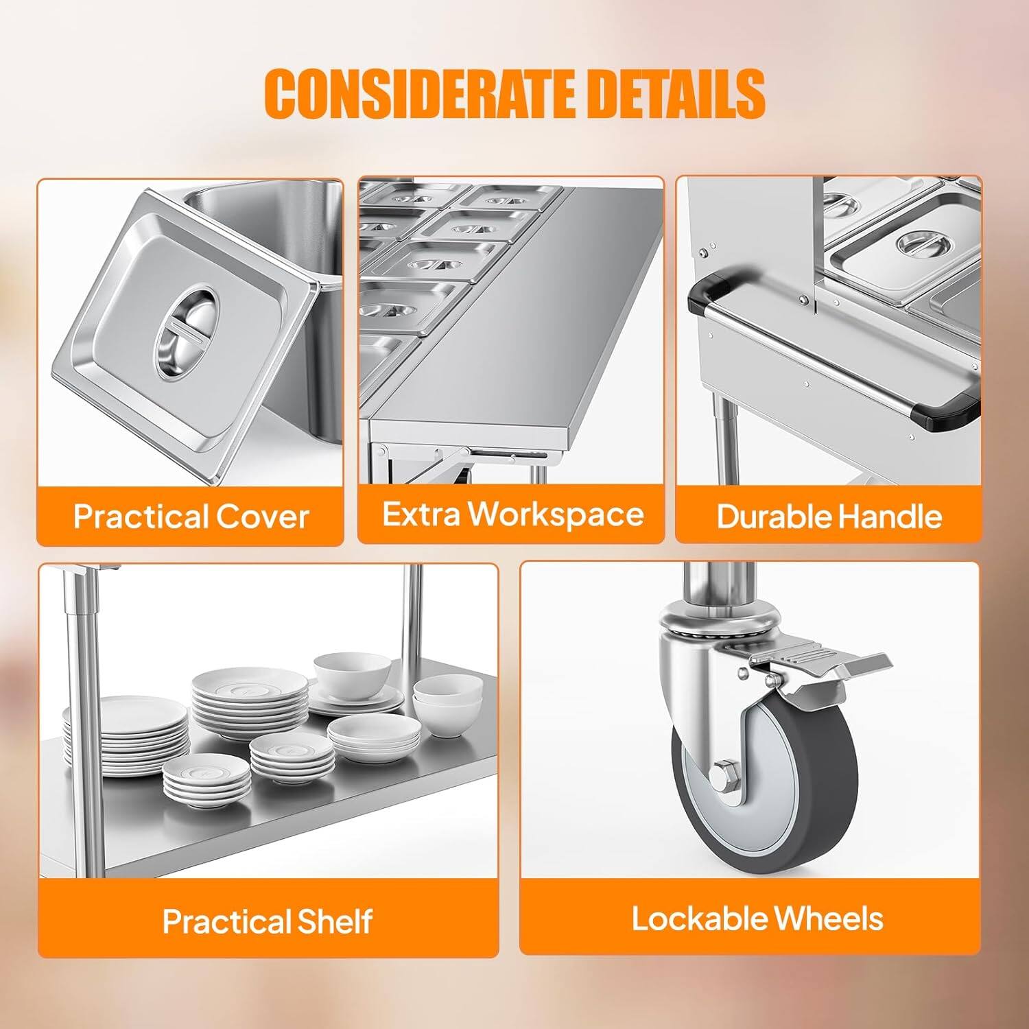 CONSIDERATE DETAILS  
- Practical Cover  
- Extra Workspace  
- Durable Handle  
- Practical Shelf  
- Lockable Wheels