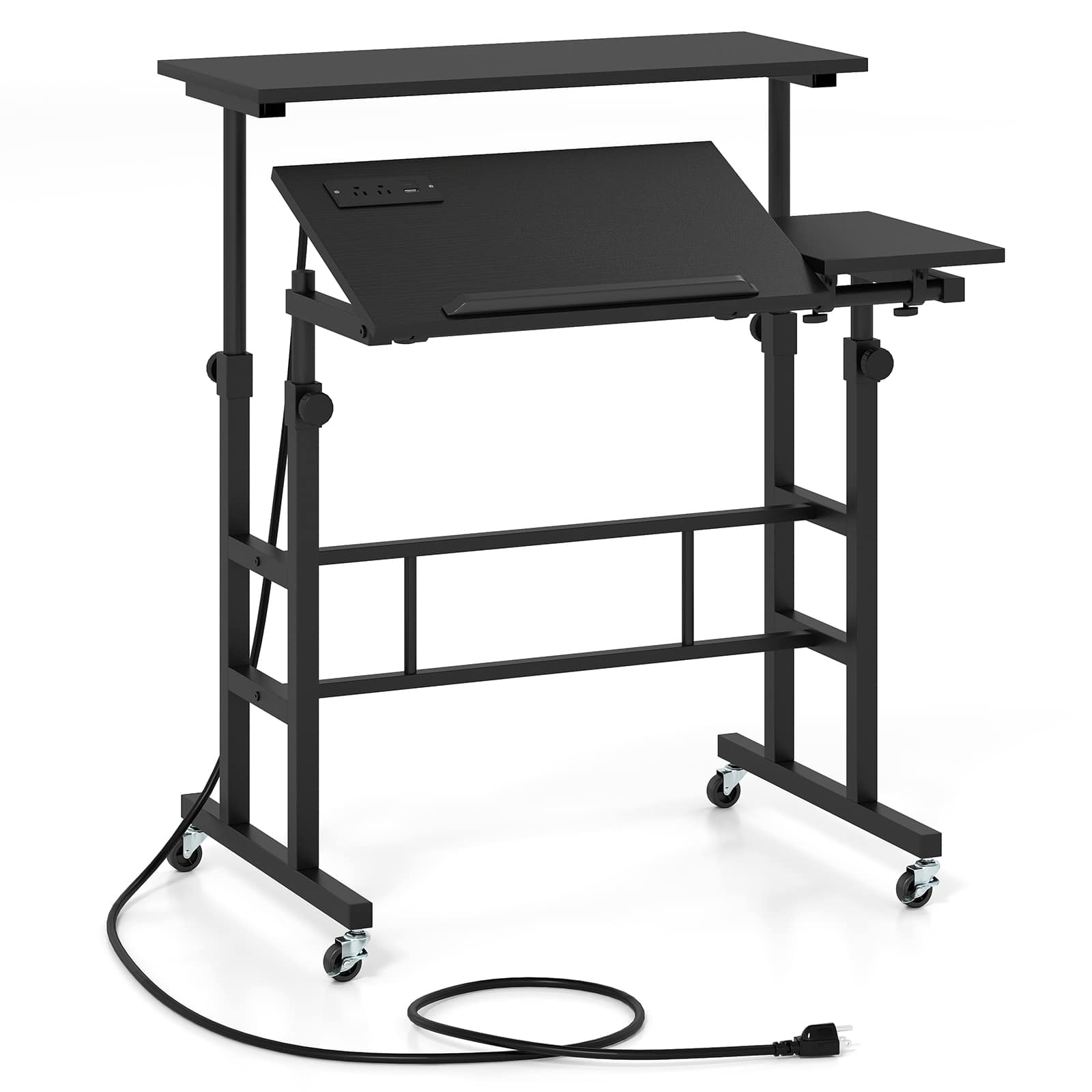 Gymax - Mobile Stand up Desk Adjustable Computer Desk Tilting Workstation - Black