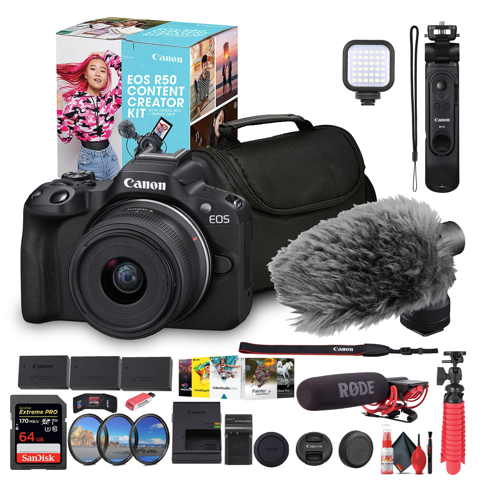 Canon - EOS R50 Mirrorless Camera with 18-45mm Lens Creator Kit  (Black) + 64GB Card + Bag + More