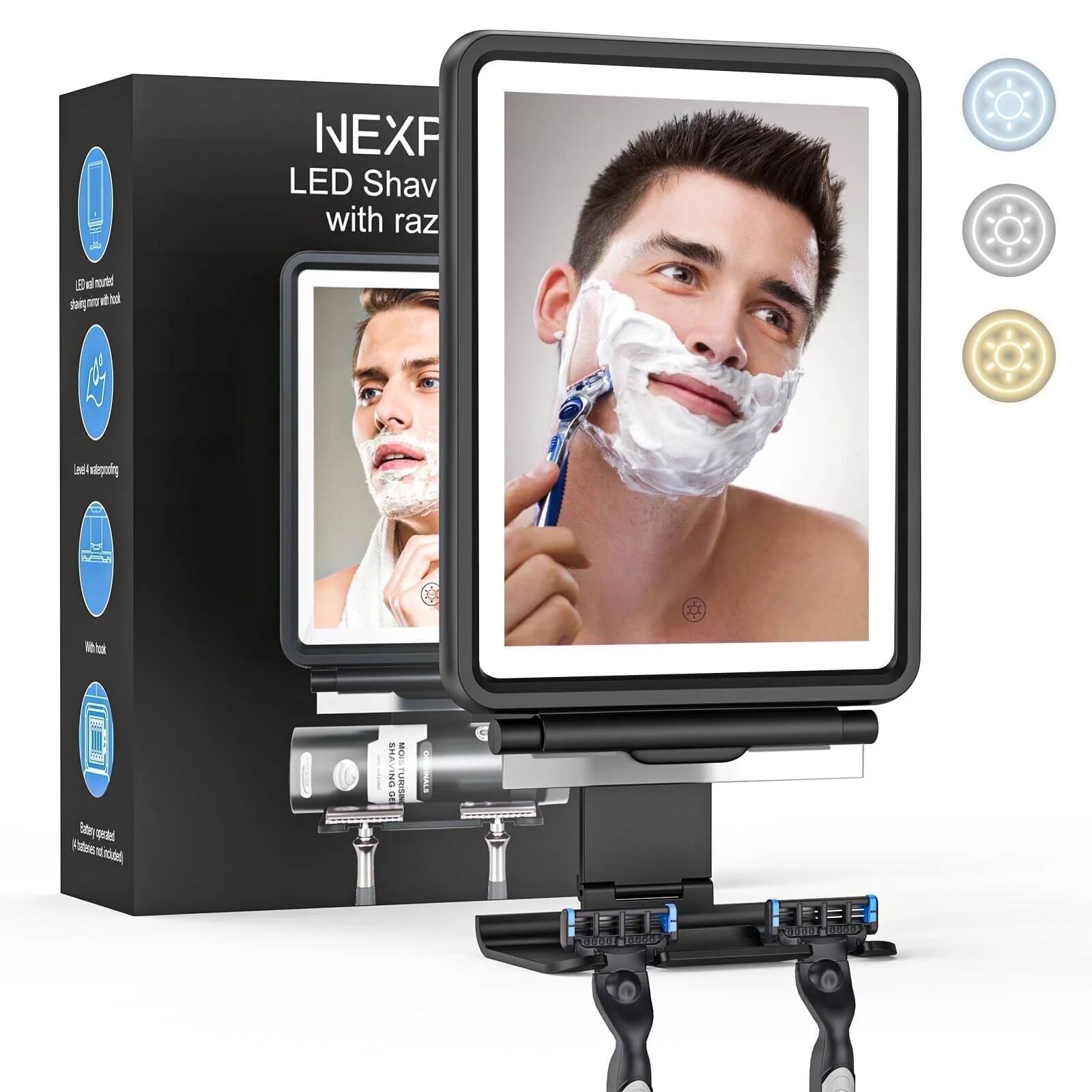 NEXF LED Shav with raz
- LED all around shaving mirror with hook
- LED backlighting
- Wide view
- Battery powered (batteries not included)