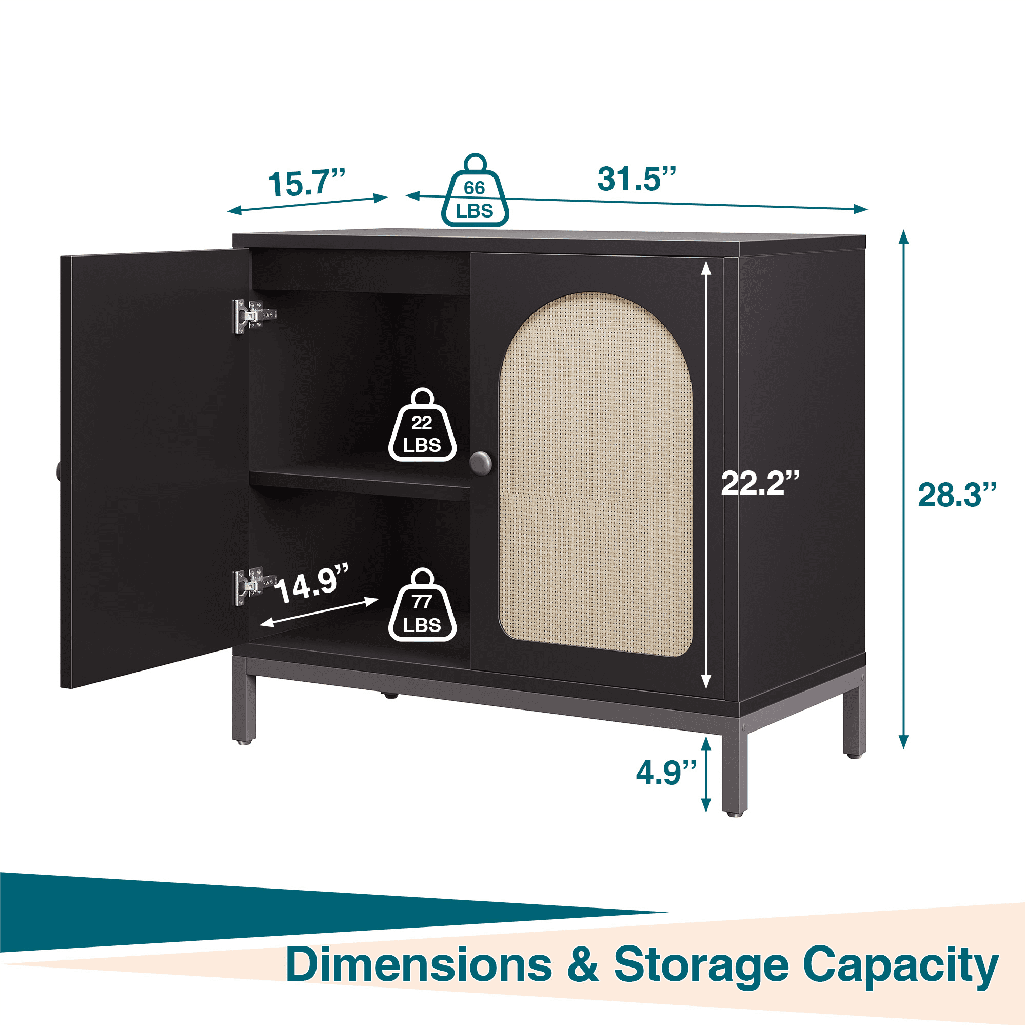 15.7" x 31.5" x 28.3" x 4.9"  
66 LBS  
22 LBS  
14.9" x 22.2" x 77 LBS  

Dimensions & Storage Capacity
