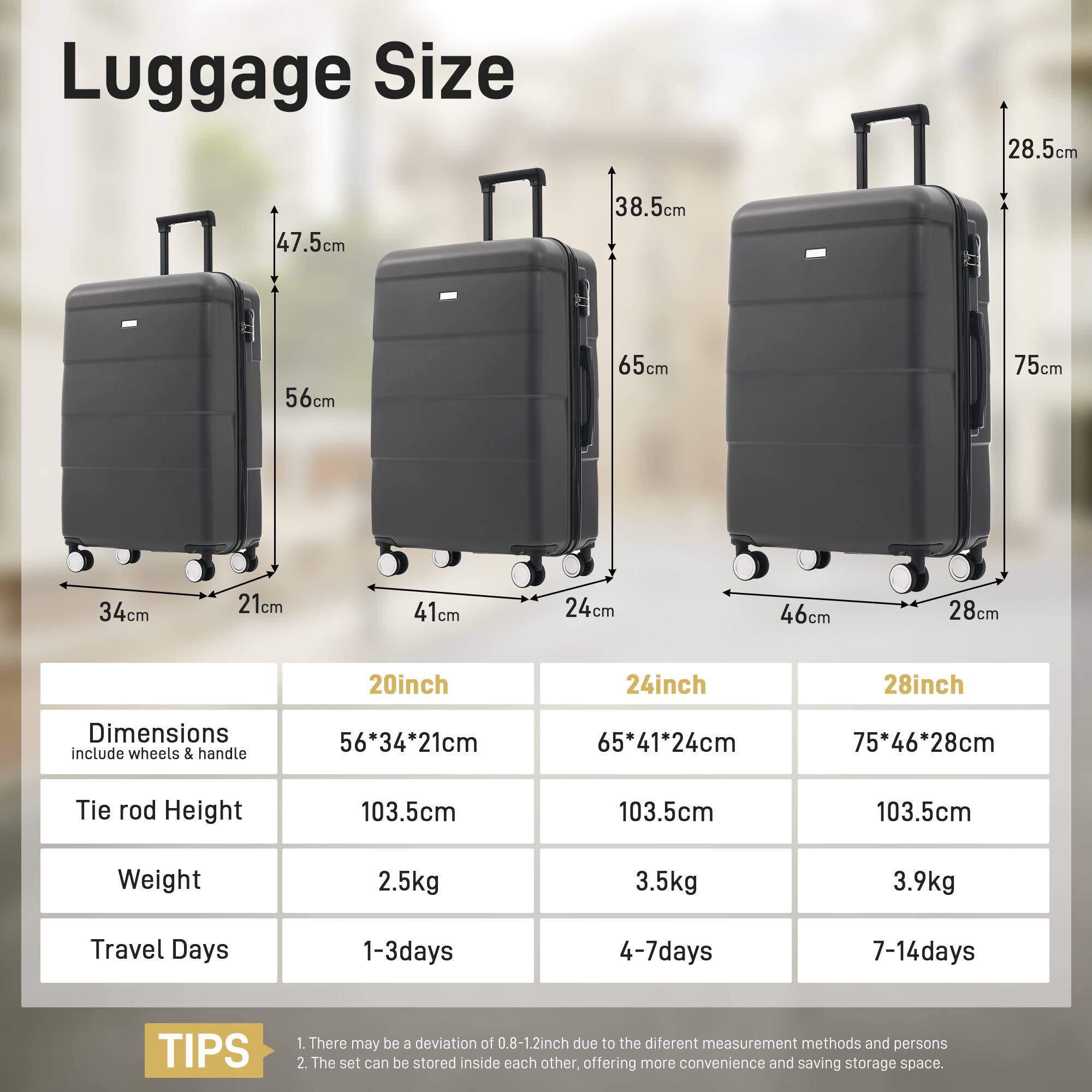 Luggage Size

- 20inch
  - Dimensions (include wheels & handle): 56*34*21cm
  - Tie rod Height: 103.5cm
  - Weight: 2.5kg
  - Travel Days: 1-3days

- 24inch
  - Dimensions (include wheels & handle): 65*41*24cm
  - Tie rod Height: 103.5cm
  - Weight: 3.5kg
  - Travel Days: 4-7days

- 28inch
  - Dimensions (include wheels & handle): 75*46*28cm
  - Tie rod Height: 103.5cm
  - Weight: 3.9kg
  - Travel Days: 7-14days

TIPS
1. There may be a deviation of 0.8-1.2inch due to the different measurement methods and persons.
2. The set can be stored inside each other, offering more convenience and saving storage space.