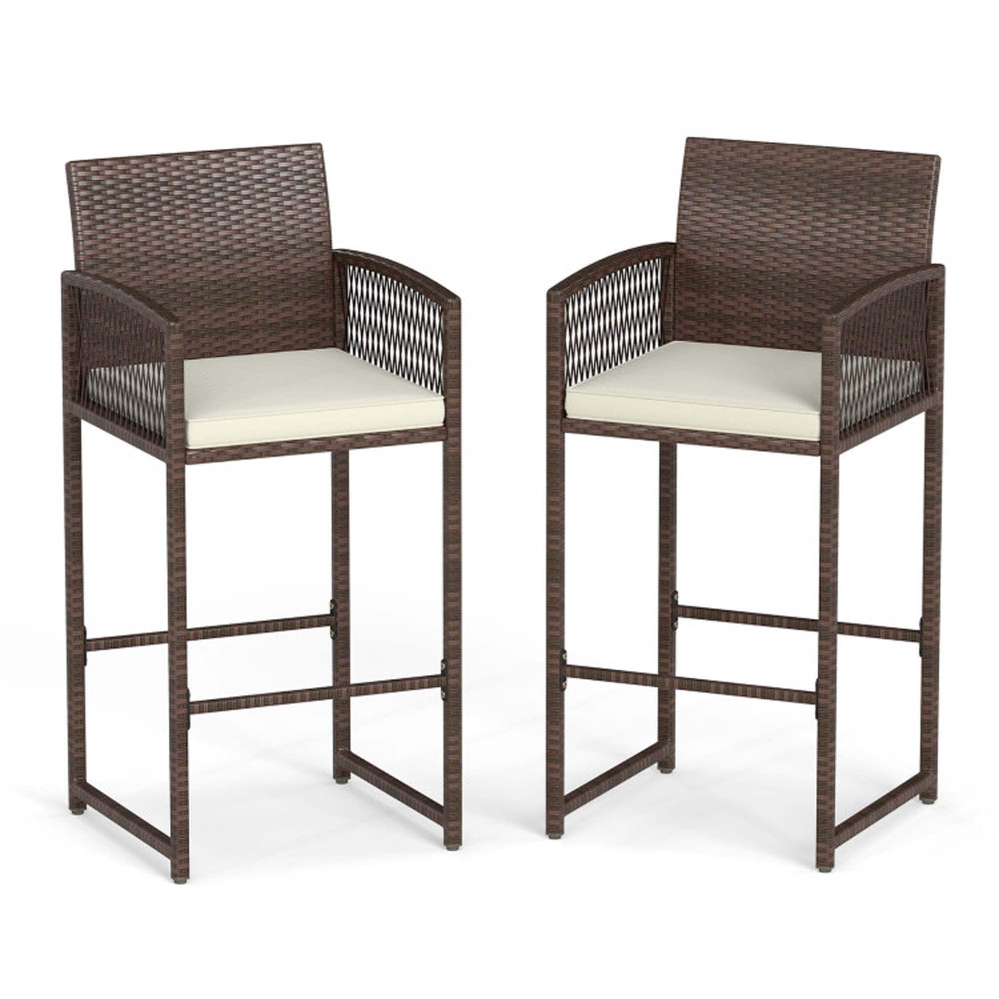 Boyel Living - White with Cushions Outdoor Patio Wicker Set of 2 Bar Stools - Brown