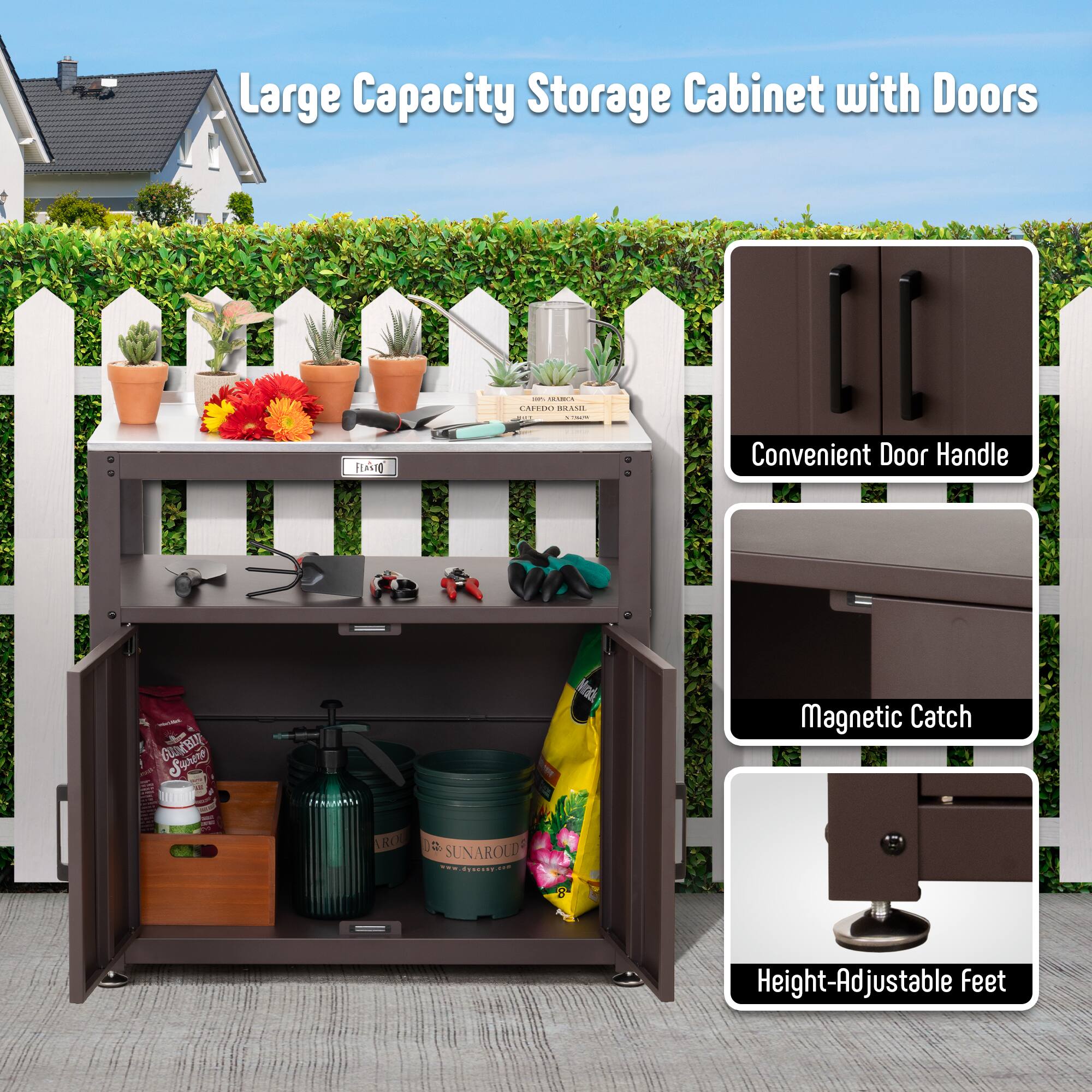Large Capacity Storage Cabinet with Doors

- Convenient Door Handle
- Magnetic Catch
- Height-Adjustable Feet