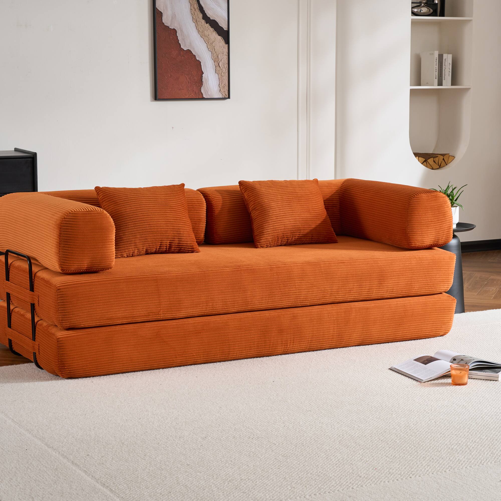Left. GOODSILO - Convertible Sleeper Sofa in Cylindroy Fabric | Features a Cylindrical Pillow & Space-Saving Foldable Design - Orange.