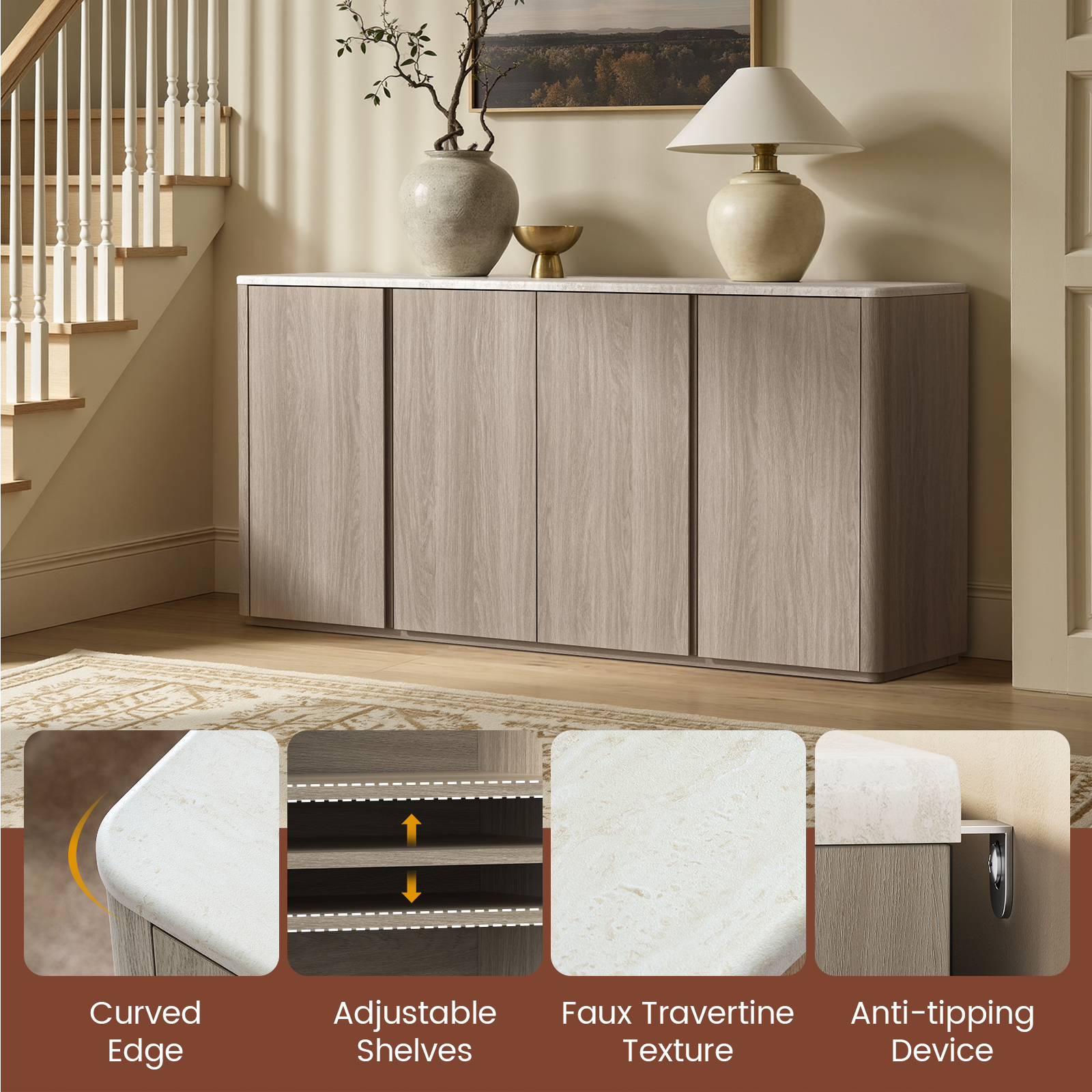 Curved Edge Adjustable Faux Travertine Anti-tipping Shelves Texture Device