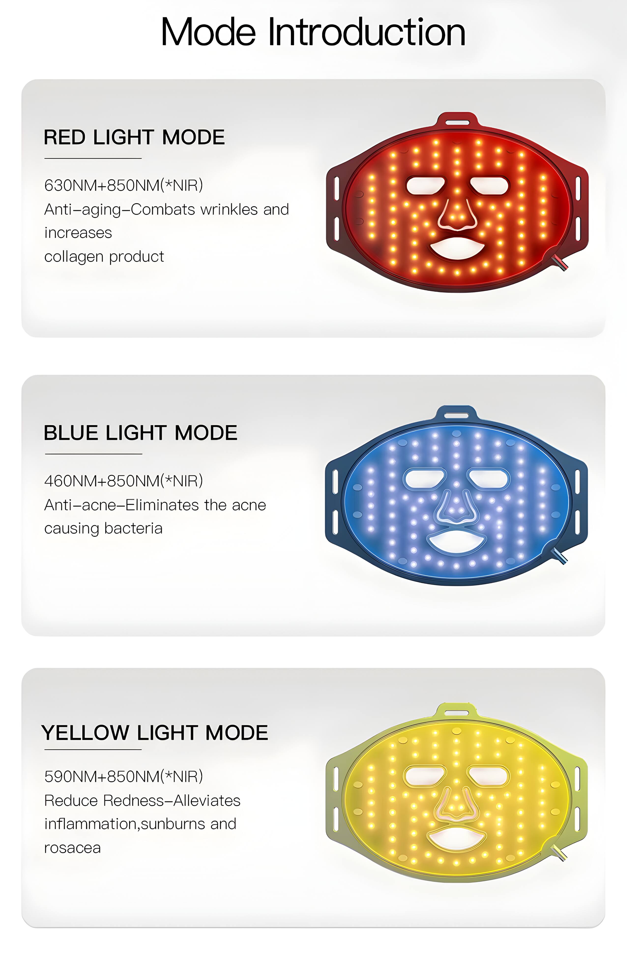 Mode Introduction

RED LIGHT MODE  
630NM+850NM(*NIR)  
Anti-aging-Combats wrinkles and increases collagen production

BLUE LIGHT MODE  
460NM+850NM(*NIR)  
Anti-acne-Eliminates the acne causing bacteria

YELLOW LIGHT MODE  
590NM+850NM(*NIR)  
Reduce Redness-Alleviates inflammation, sunburns and rosacea