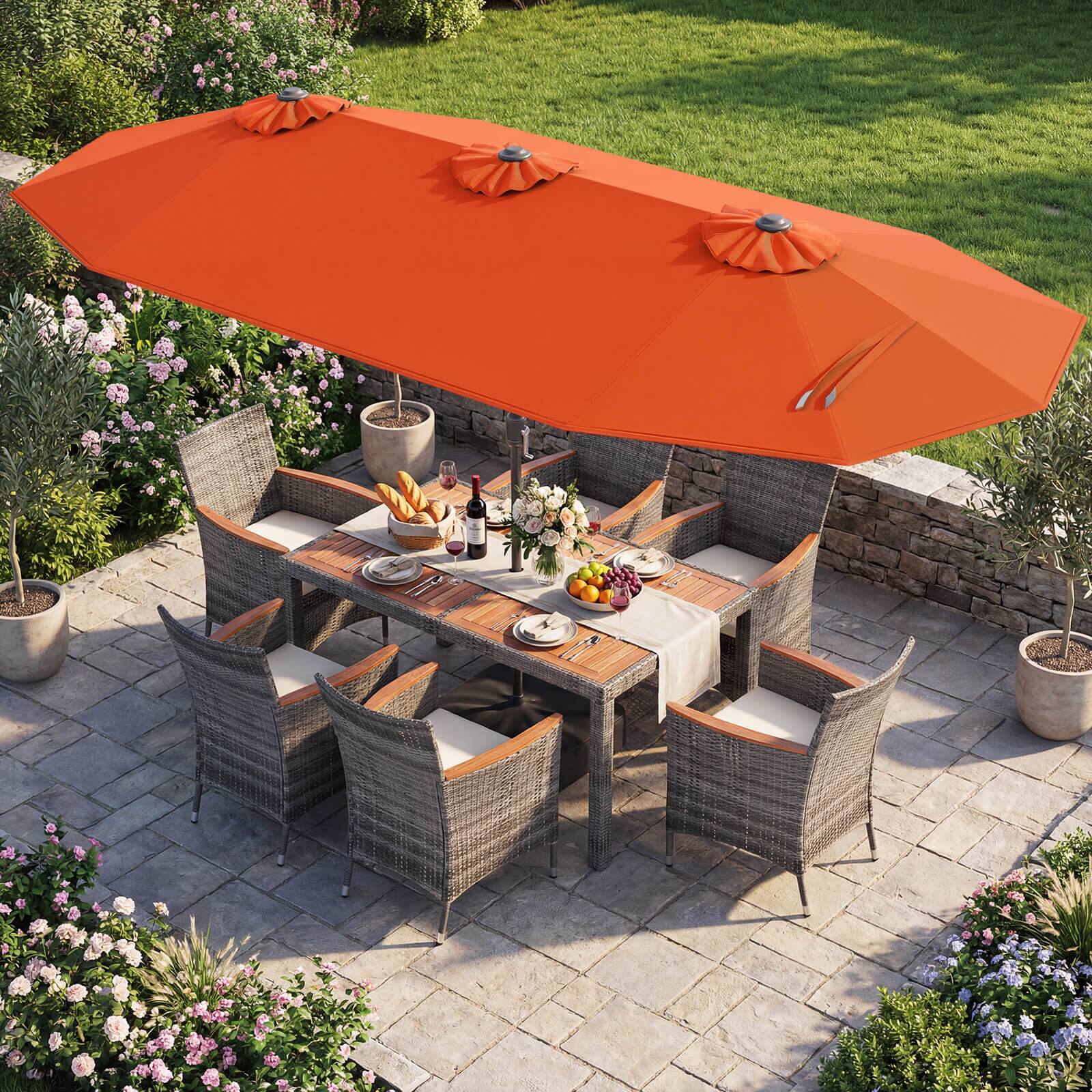 Alt View 3. Costway - Costway 8 PCS Outdoor Wicker Dining Furniture & Double-Sided Umbrella with Solar LED Lights - Orange + Mix Gray.