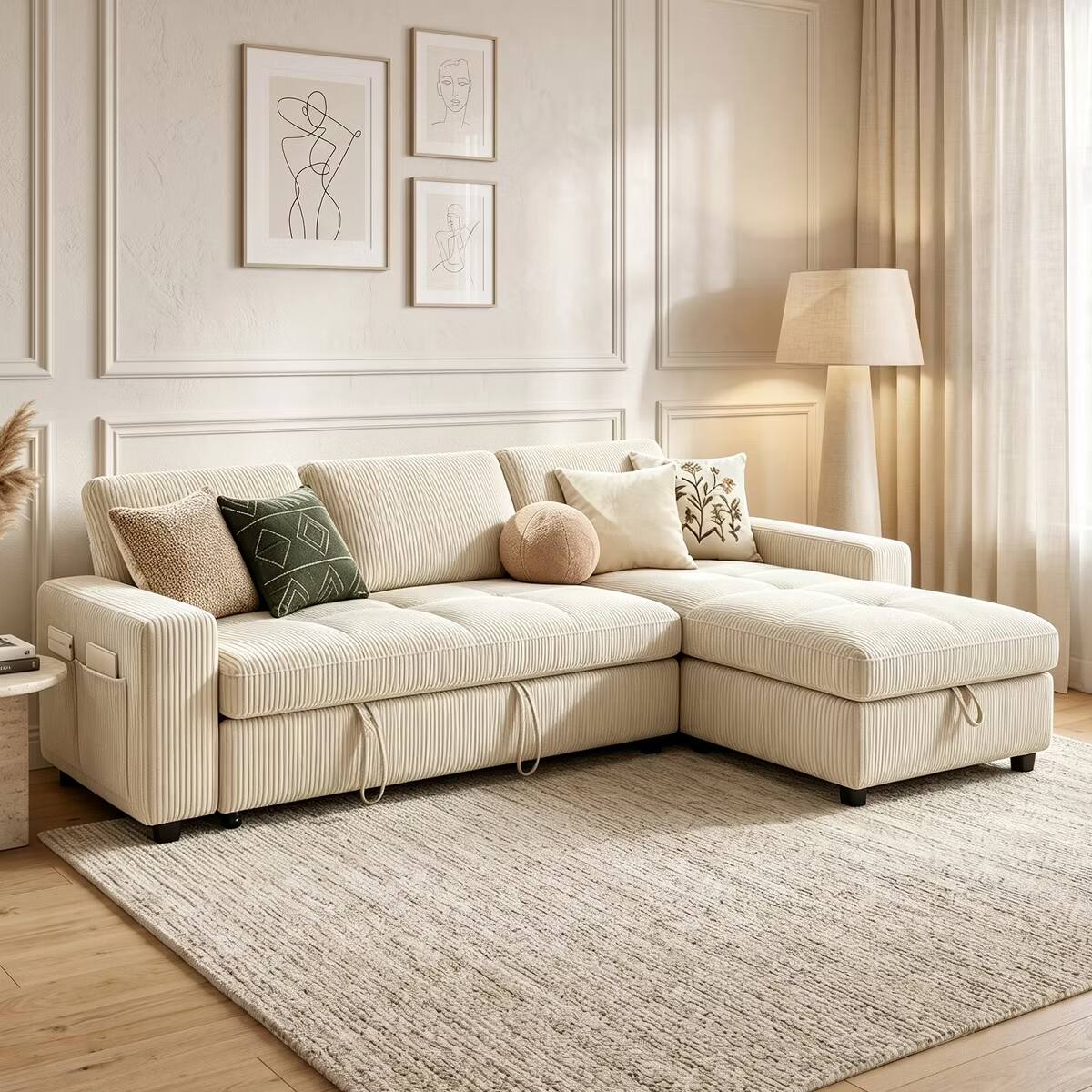 Front. Dyonery - 81" L-Shaped Sleeper Sofa Bed, Beige Corduroy Pull Out Couch Bed with Reversible Storage Chaise,USB Port,Side Pocket - Beige.