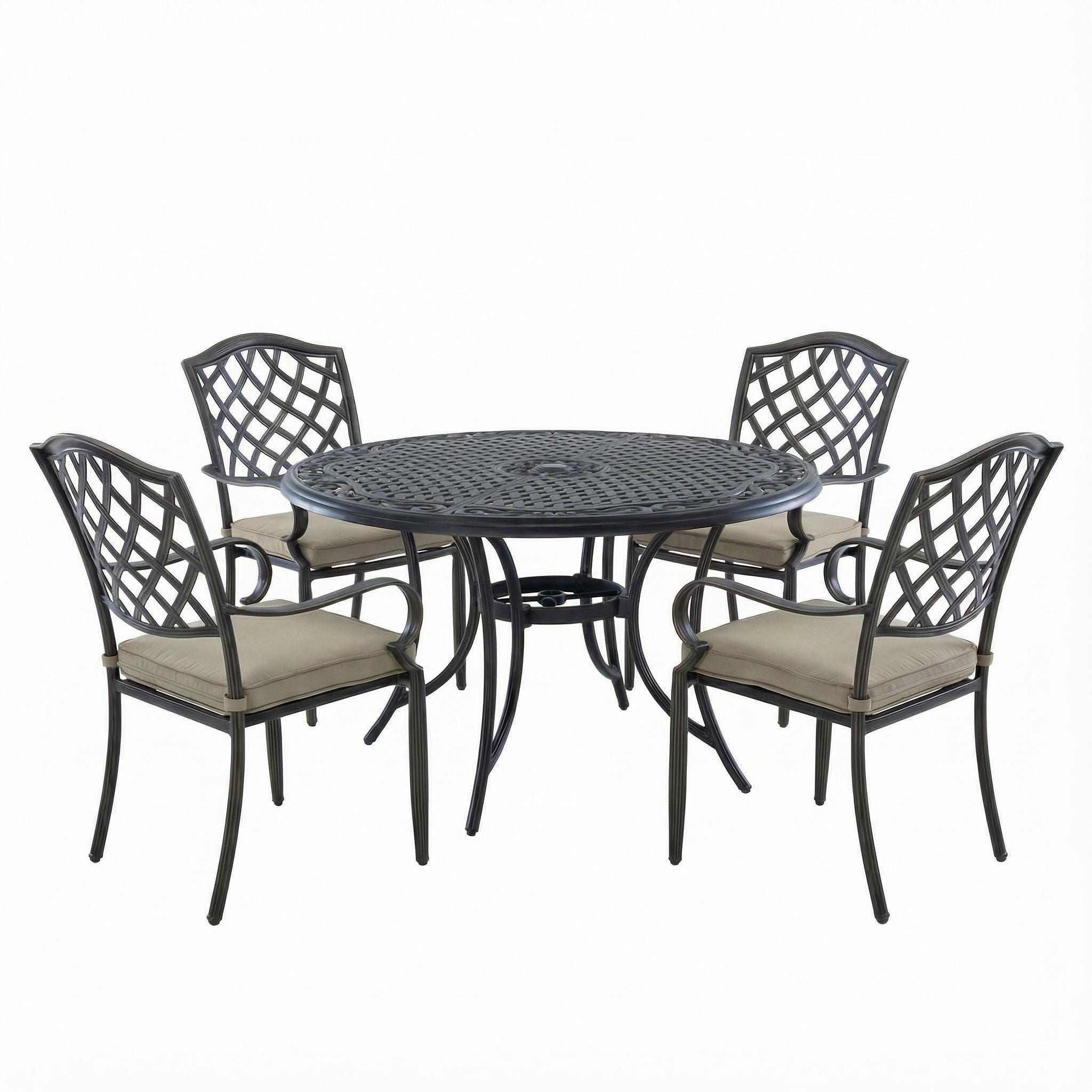 Mondawe - 5-Piece Outdoor Cast Aluminum Dining Set with Round Umbrella Hole Table and Cushioned Chairs - Bronze+Grey