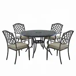 Mondawe - 5-Piece Outdoor Cast Aluminum Dining Set with Round Umbrella Hole Table and Cushioned Chairs - Bronze+Grey