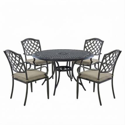Front. Mondawe - 5-Piece Outdoor Cast Aluminum Dining Set with Round Umbrella Hole Table and Cushioned Chairs - Bronze+Grey.