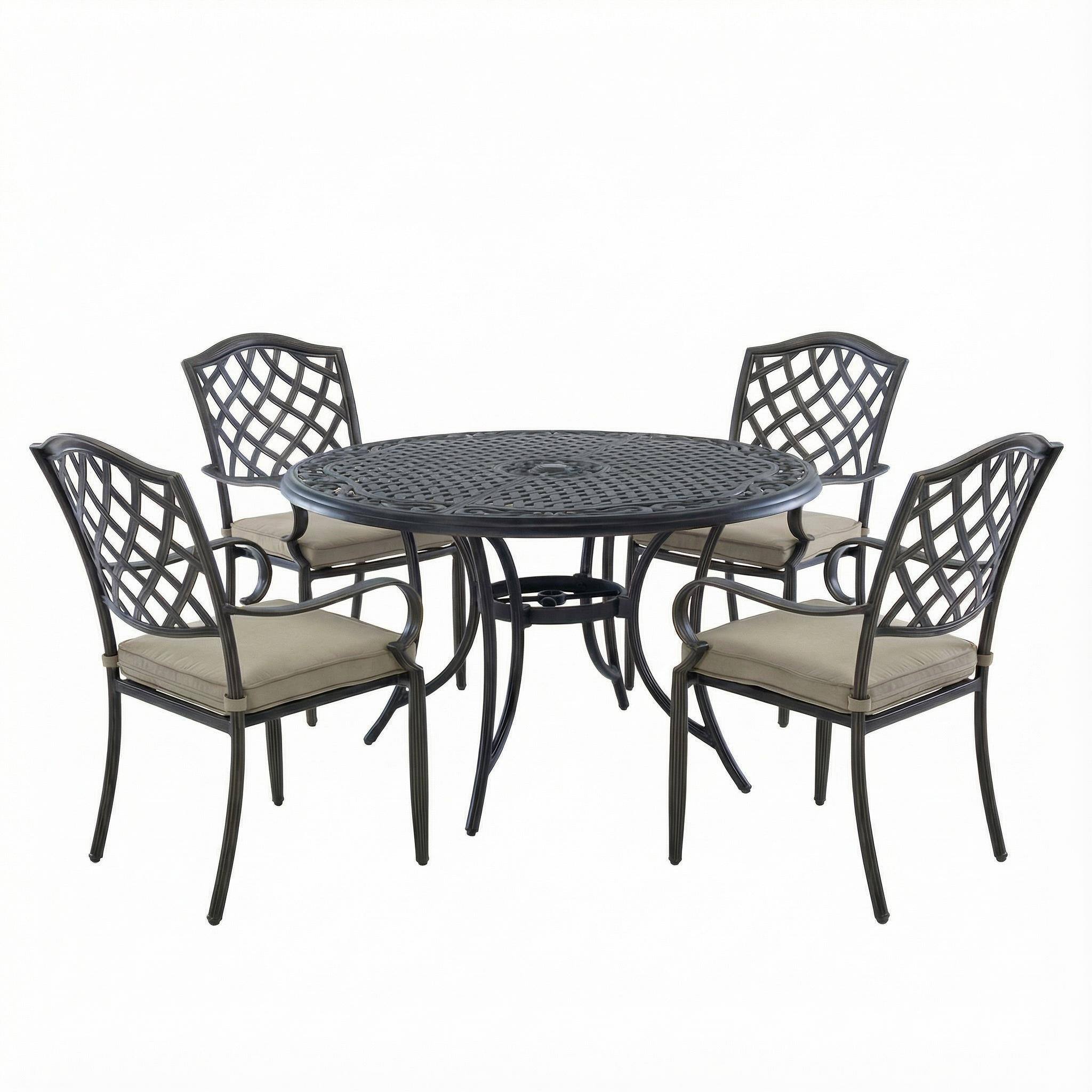 Front. Mondawe - 5-Piece Outdoor Cast Aluminum Dining Set with Round Umbrella Hole Table and Cushioned Chairs - Bronze+Grey.