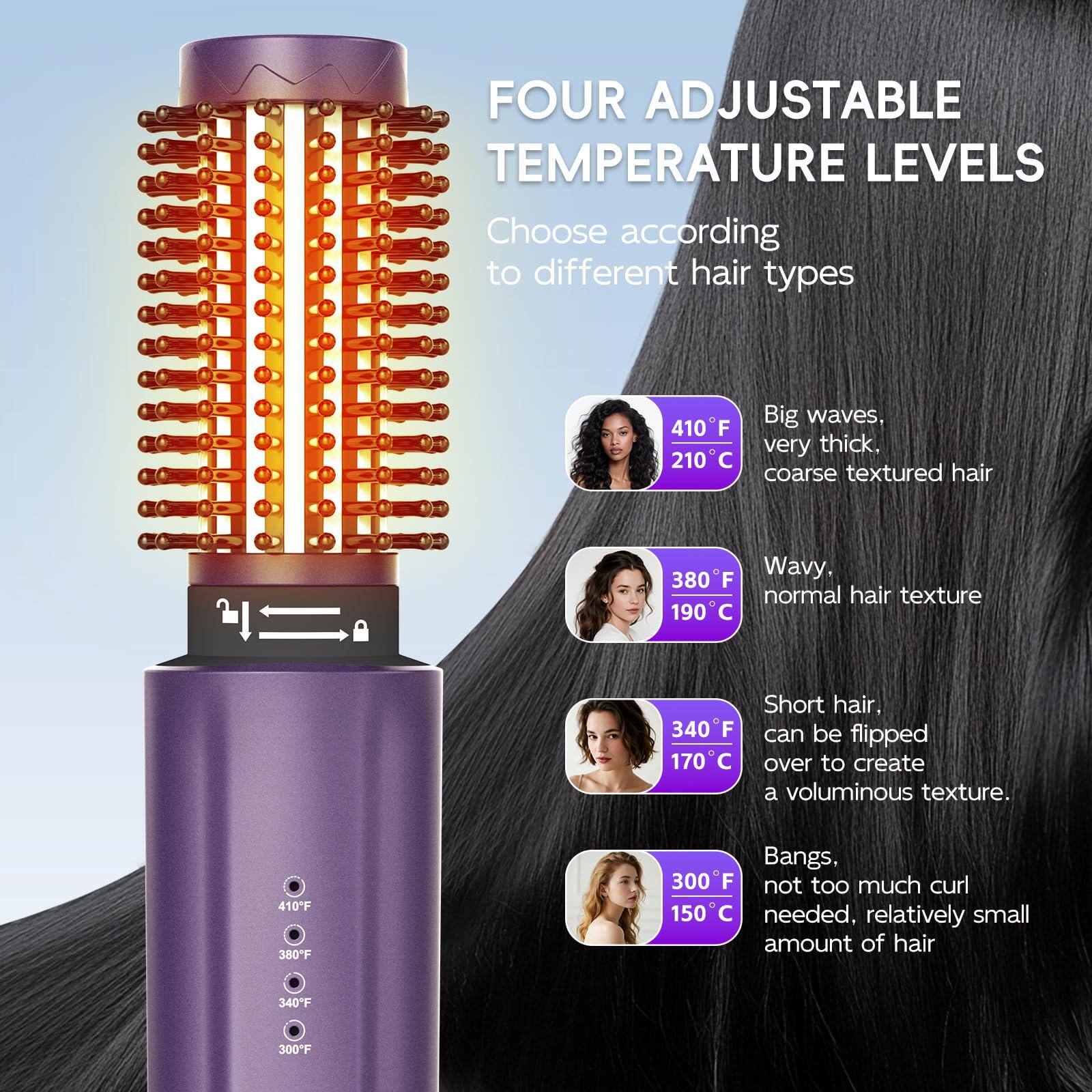 FOUR ADJUSTABLE TEMPERATURE LEVELS  
Choose according to different hair types  

410°F / 210°C  
Big waves, very thick, coarse textured hair  

380°F / 190°C  
Wavy, normal hair texture  

340°F / 170°C  
Short hair, can be flipped over to create a voluminous texture  

300°F / 150°C  
Bangs, not too much curl needed, relatively small amount of hair