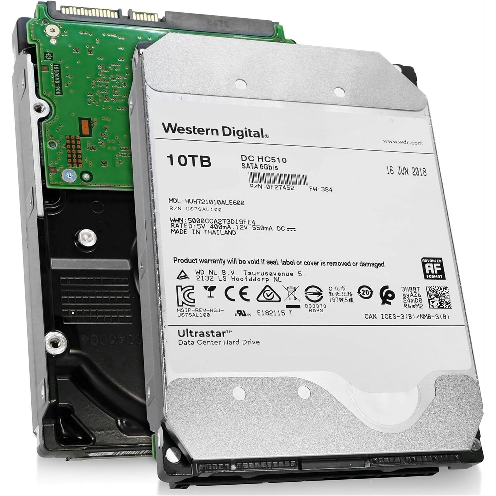 Western Digital  
10TB  
DC HC510  
SATA 6Gb/s  
N: 0F27452  
FW: 384  
www.wdc.com  
16 JUN 2018  
MDL: HUH72101A0LE600  
R/N: US7SAL100  
WWN: 5000CCA273D19FE4  
RATED: 5V 400mA, 12V 550mA DC  
MADE IN THAILAND  
Product warranty will be void if seal, label or cover is removed or damaged  
WD NL B.V.  
Taurusavenue 5.  
2132 LS Hoofddorp NL  
P. E182115 T  
CAN ICES-3(B)/NMB-3(B)  
Ultrastar™  
Data Center Hard Drive  

DC HC510  
SATA 6Gb/s  
P/N: 0F27452  
FW: 384  
10TB  
RATED: 5V 400mA, 