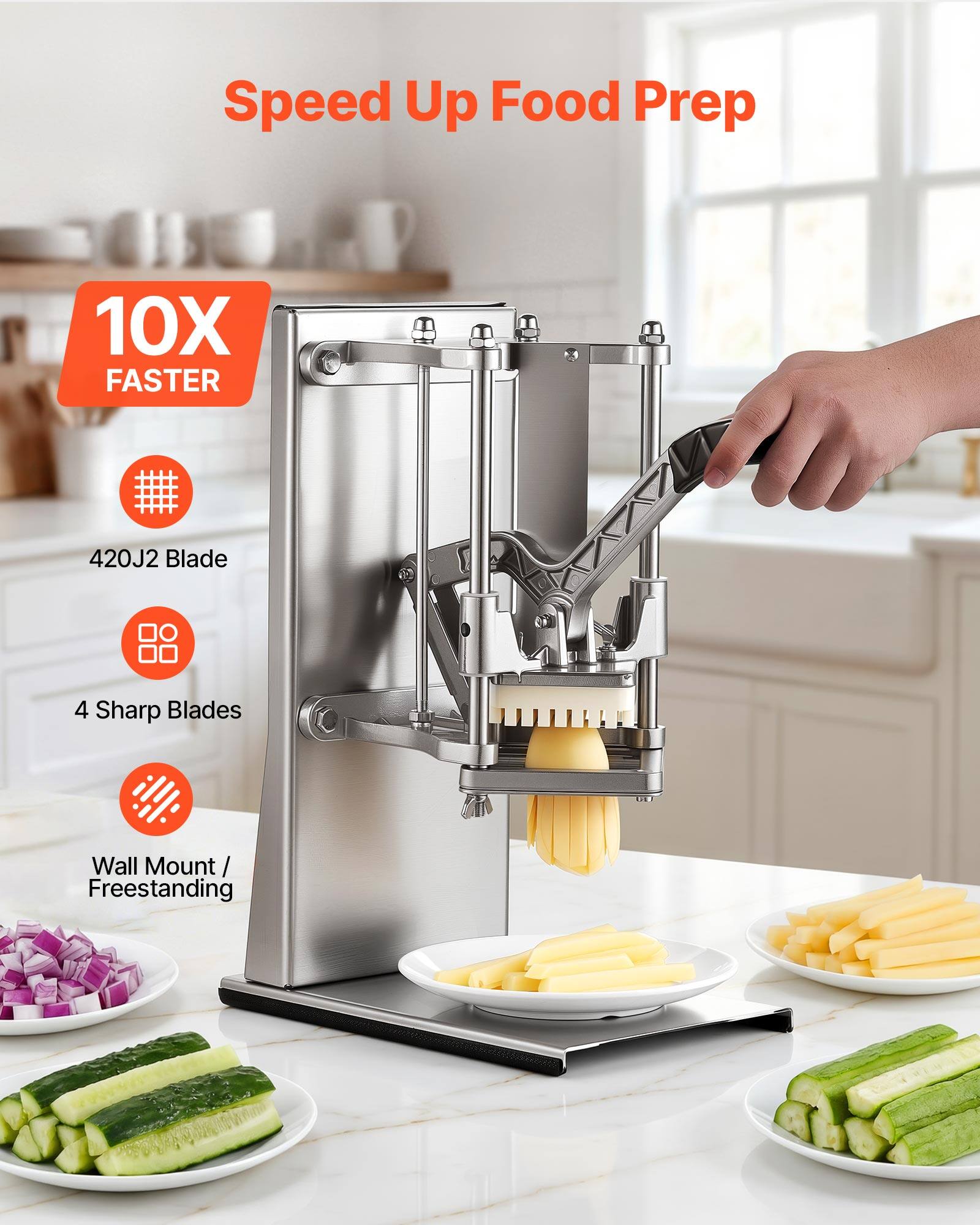 Speed Up Food Prep 10X FASTER  
420J2 Blade  
4 Sharp Blades  
Wall Mount / Freestanding