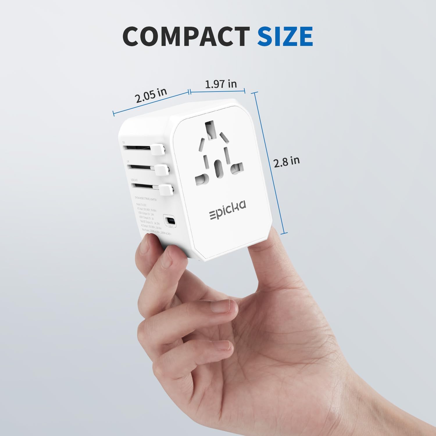 The text on the image reads "Compact Size 2.05 in 1.97 in 2.8 in Torr Epicka." This text is grouped and corrected as follows:

"Compact Size: 2.05 in x 1.97 in x 2.8 in Torr Epicka."