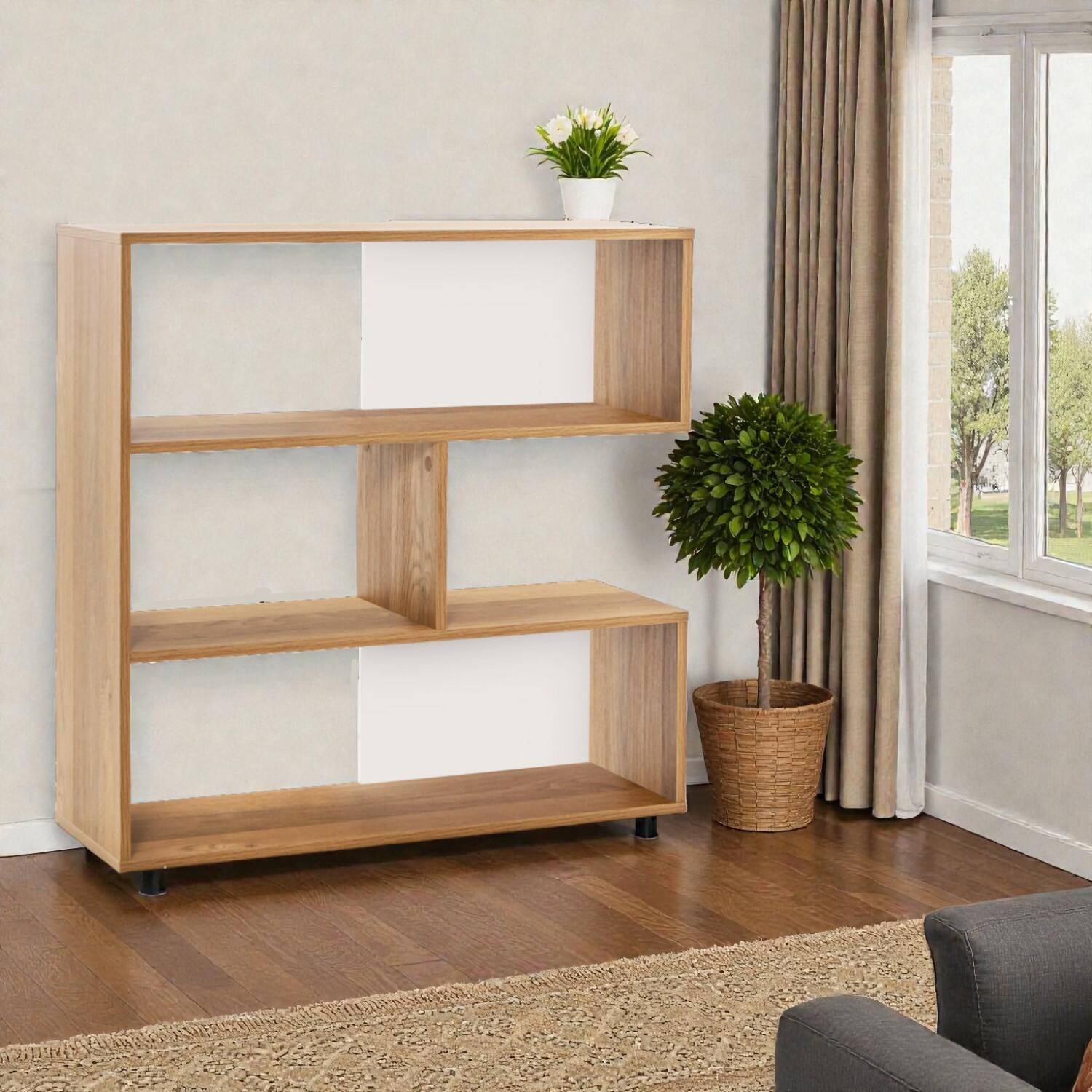 Front. Hivvago - Contemporary 3-Layer Curved Bookshelf with Anti-Fall Device - Natural.