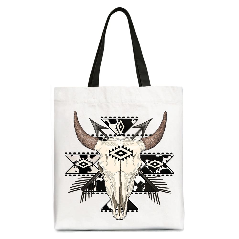 OrnamentallyYou - Aztec Tribal Bull Skull Canvas Tote Bag, Western Boho Gift Shopper - White Black