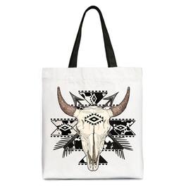 OrnamentallyYou - Aztec Tribal Bull Skull Canvas Tote Bag, Western Boho Gift Shopper - White Black