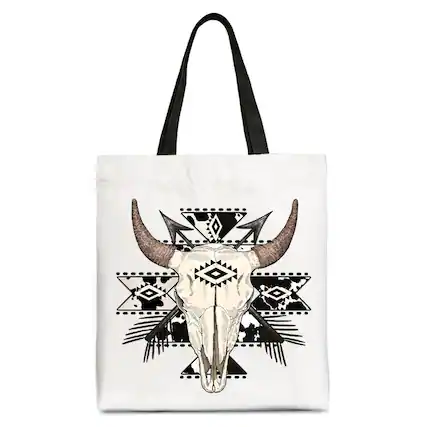 Front. OrnamentallyYou - Aztec Tribal Bull Skull Canvas Tote Bag, Western Boho Gift Shopper - White Black.