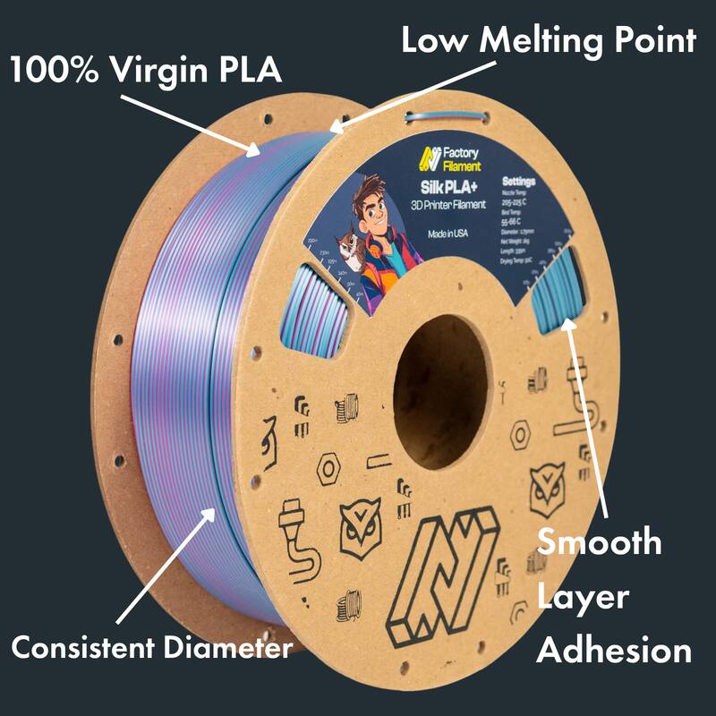 100% Virgin PLA Low Melting Point T 8 Factory Filament SilkPLA+ Settings - Smp 3D Printer Filament 205-225 - Serp 5-66C 5 Made in USA Demater Lie - - N Lega Dryling Smp K -   - fr !Il Smooth Consistent Diameter IT Adhesion Layer

Corrected text:

100% Virgin PLA Low Melting Point
Factory Filament Silk PLA+
3D Printer Filament
Made in USA
Settings:
- 205-225°C
- 5-66C
- Consistent Diameter
- Smooth Layer Adhesion