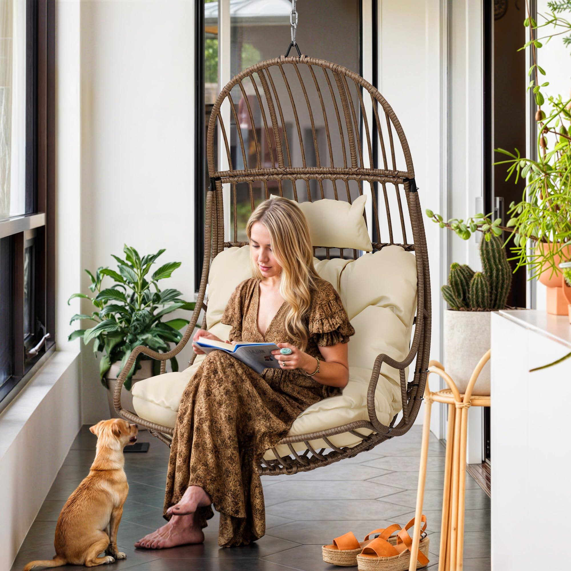 Alt View 4. Fabibe - Hanging Egg Swing Chair Egg Chair Wicker Indoor Outdoor Hammock Egg Chair with Cushions 330lbs for Patio, Bedroom,... - Default.